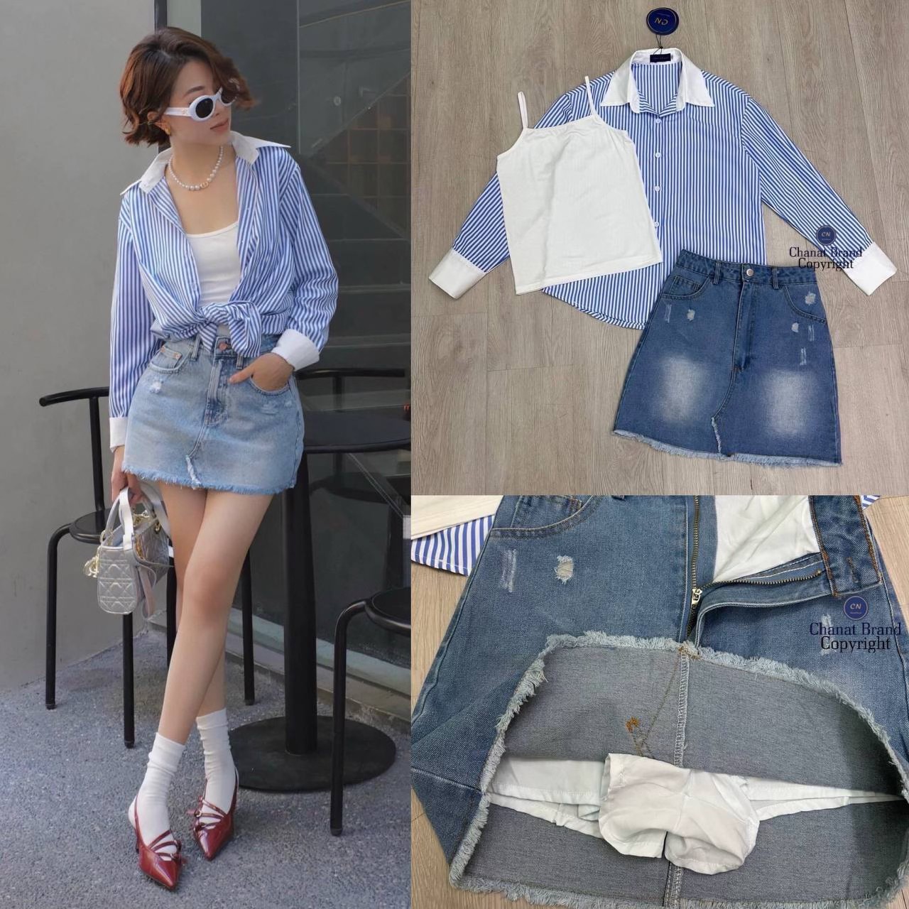 เซต3ชิ้น เสื้อคลุมเชิ้ตลายริ้วทรงovesize มีกระดุมหน้าเรียงยาว มาแม๊ทคู่กับเสื้อตัวในสายเดี่ยวผ้ายืดได้ตามตัวให้ทรงสวย และมาคู่กับกระโปรงยีนส์สั้น สินค้าคุณภาพ (พร้อมส่ง)