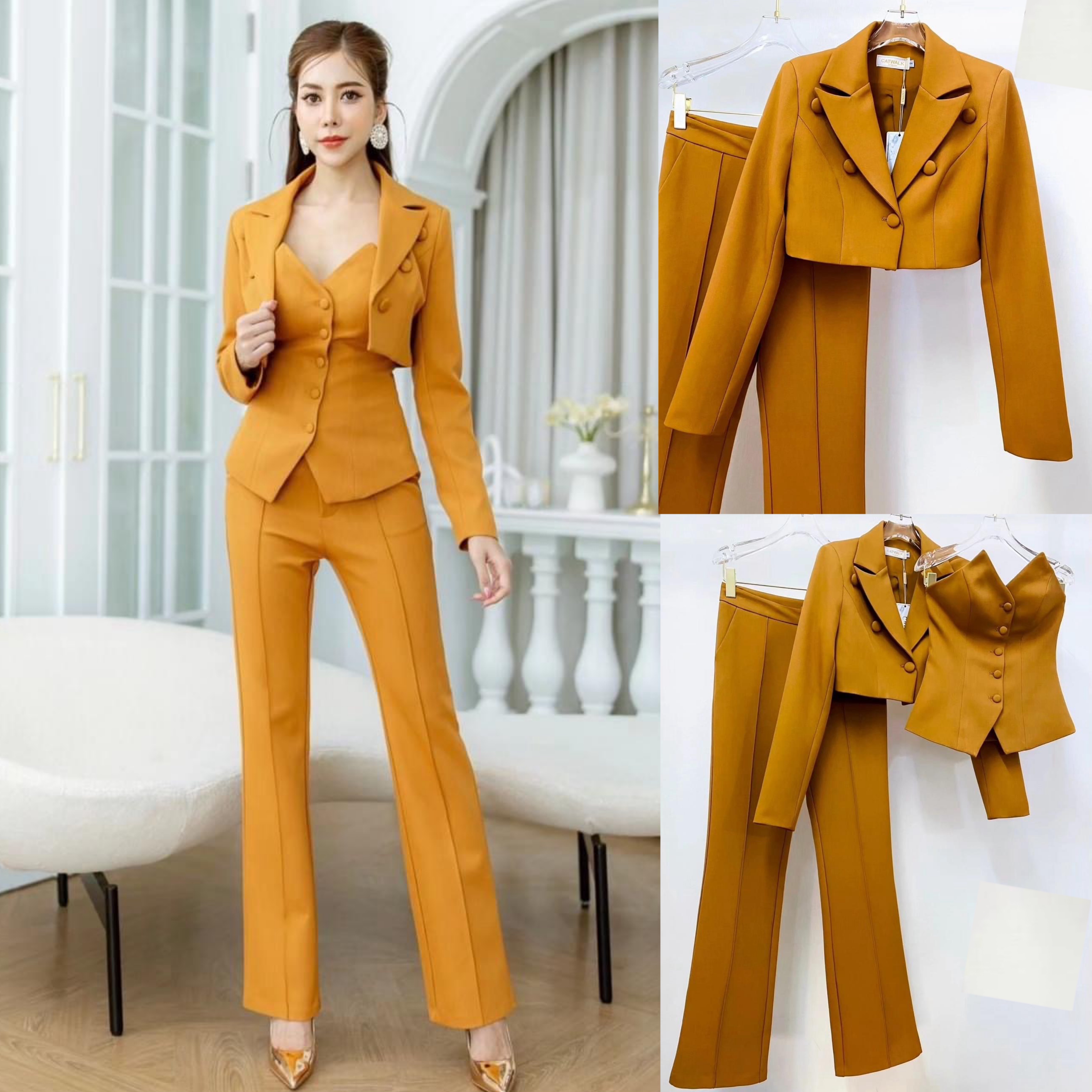 เซตเสื้อครอปสูท+เกาะอก+กางเกงทรงสวย เนื้อผ้าเกรดเอ ใส่แล้วเก็บทรงสวย งานhiend ใส่สบาย สินค้าคุณภาพ (พร้อมส่ง)