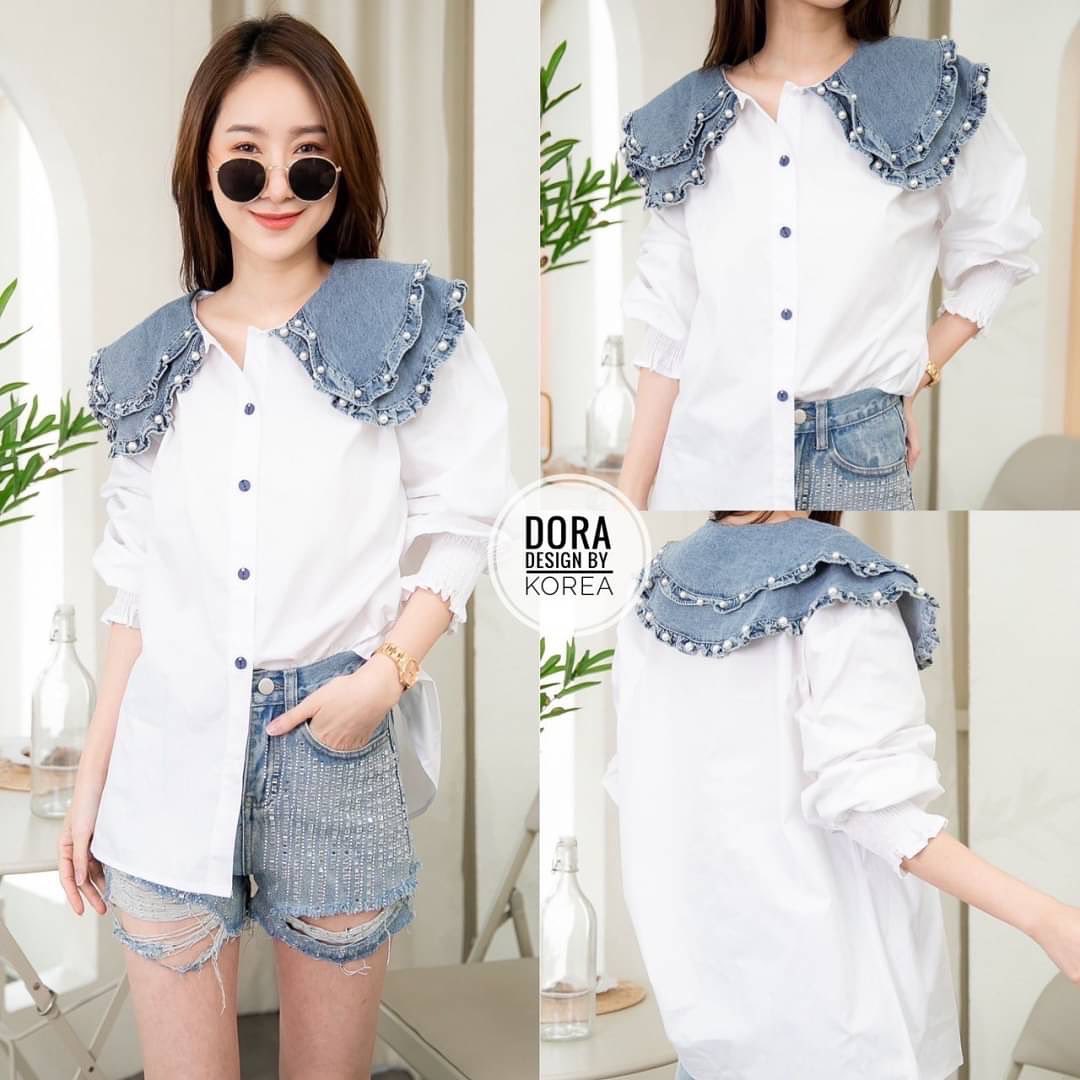 เสื้อเชิ้ตสีขาว คอเสื้อระบายแต่งมุขแน่นๆกระดุมเก๋มาก งานสวยน่ารัก : สินค้าคุณภาพ (พร้อมส่ง)