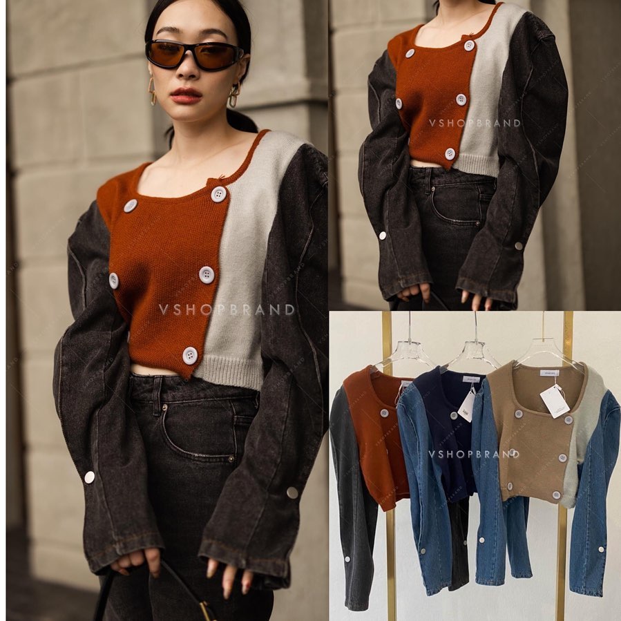 เสื้อครอปไหมพรมทูโทน กระดุมหน้า (ใช้งานได้จริง) เพิ่มความเก๋ด้วยแขนยีนส์แต่ง กระดุมจีบปลายแขน : สินค้าคุณภาพ (พร้อมส่ง)