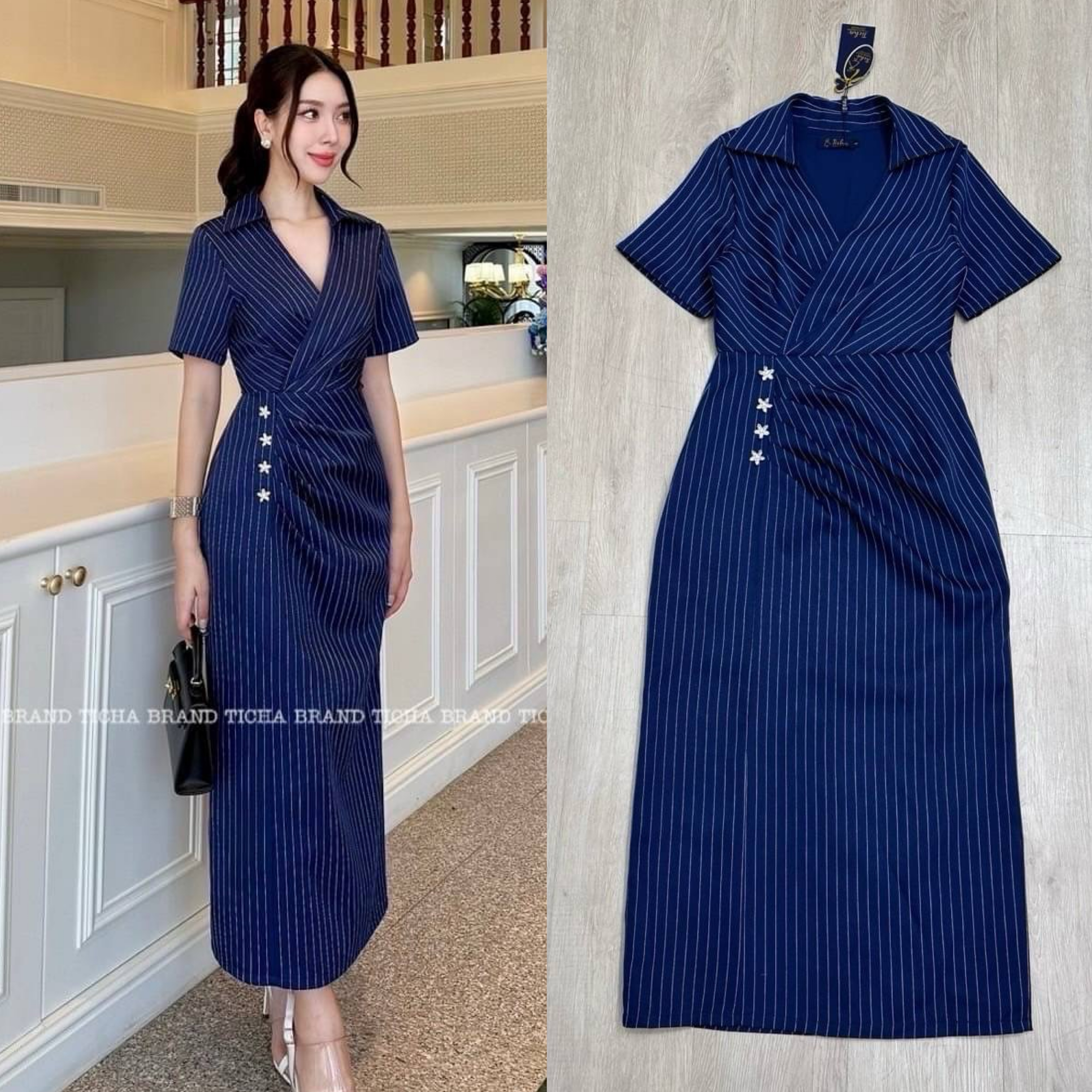 เดรสยาวสีกรมลายริ้วเล็กสีขาว แต่งคอปกดีเทลป้ายช่วงเอวเย็บย่นและเย็บติดอะไหล่ดอกไม้เพชร ( มีซิปข้างอย่างดี )กระโปรงทรงตรงยาวเข้ารูป แต่งผ่าหลัง ใส่สบาย : สินค้าคุณภาพ (พร้อมส่ง)