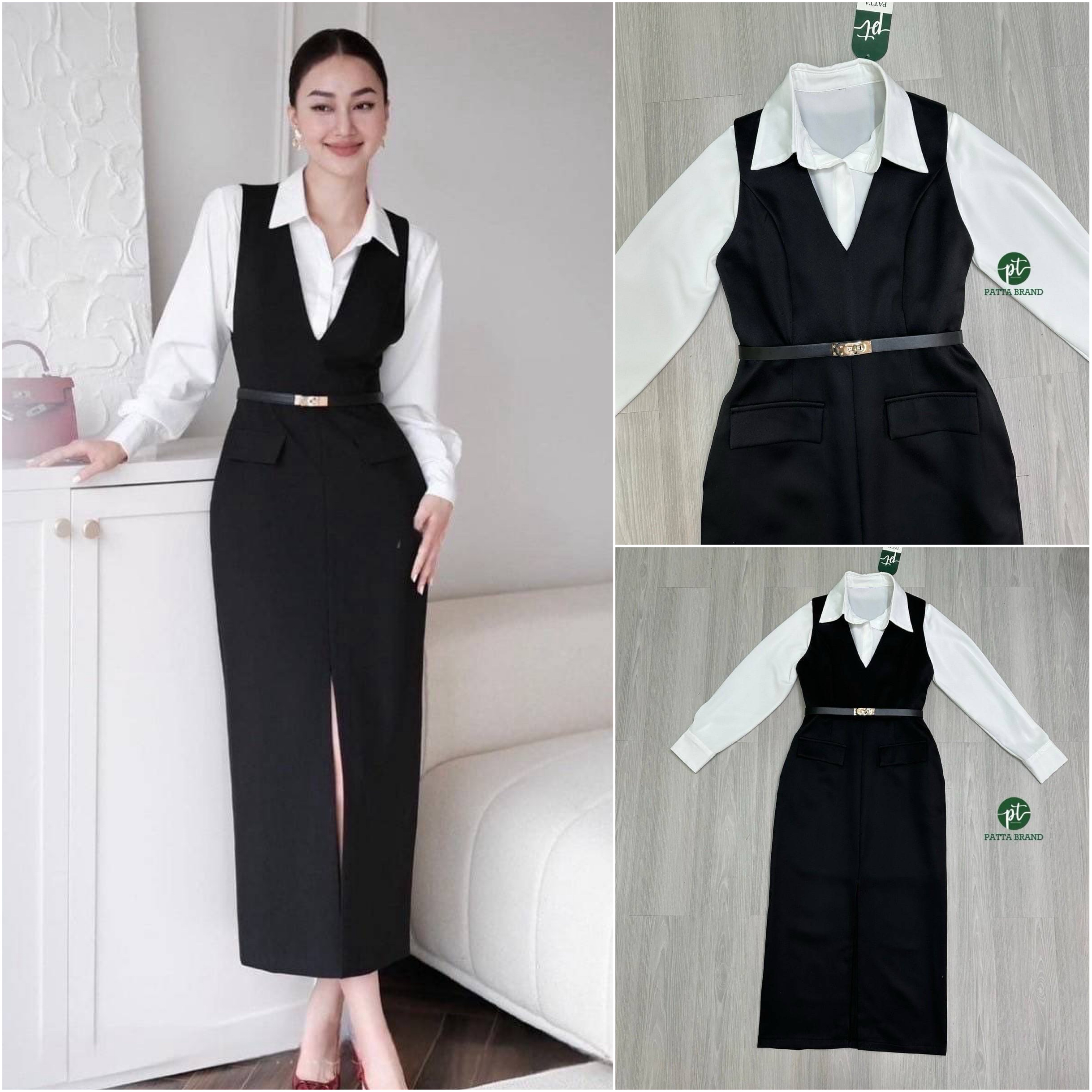 Set 2 ชิ้น เสื้อเชิ้ตสีขาวแขนยาวทรพอดีตัวมีกระดุมด้านหน้าใช้งานได้จริง มาพร้อมกับเดรสยาวสีดำคอวีลึกแขนกุดทรงพอดีตัว +เข็มขัด ใส่สบาย : สินค้าคุณภาพ (พร้อมส่ง)
