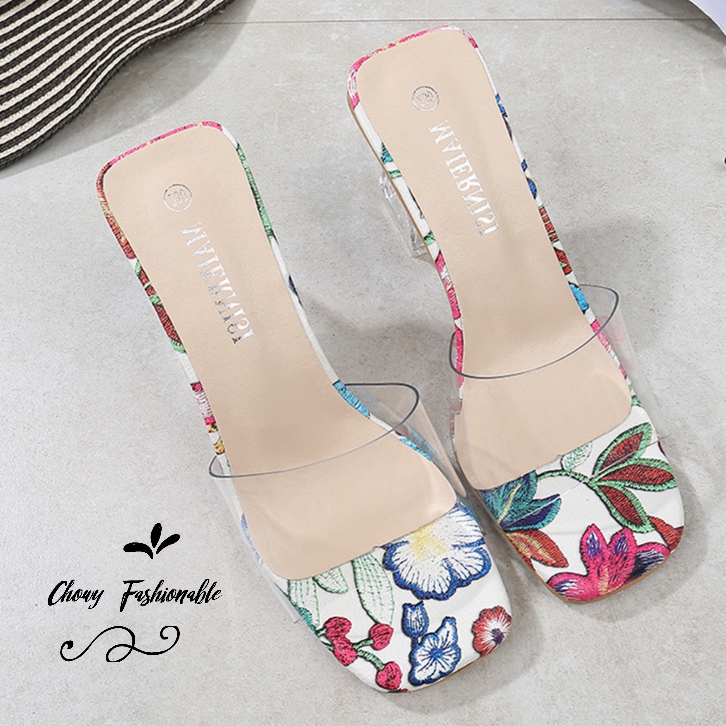 รองเท้าไซส์ใหญ่ 41-46 รองเท้าแตะมีส้น สูง 3 นิ้ว ส้นแก้วใส ด้านบน PU นิ่มใส CHOWY KR0960BU