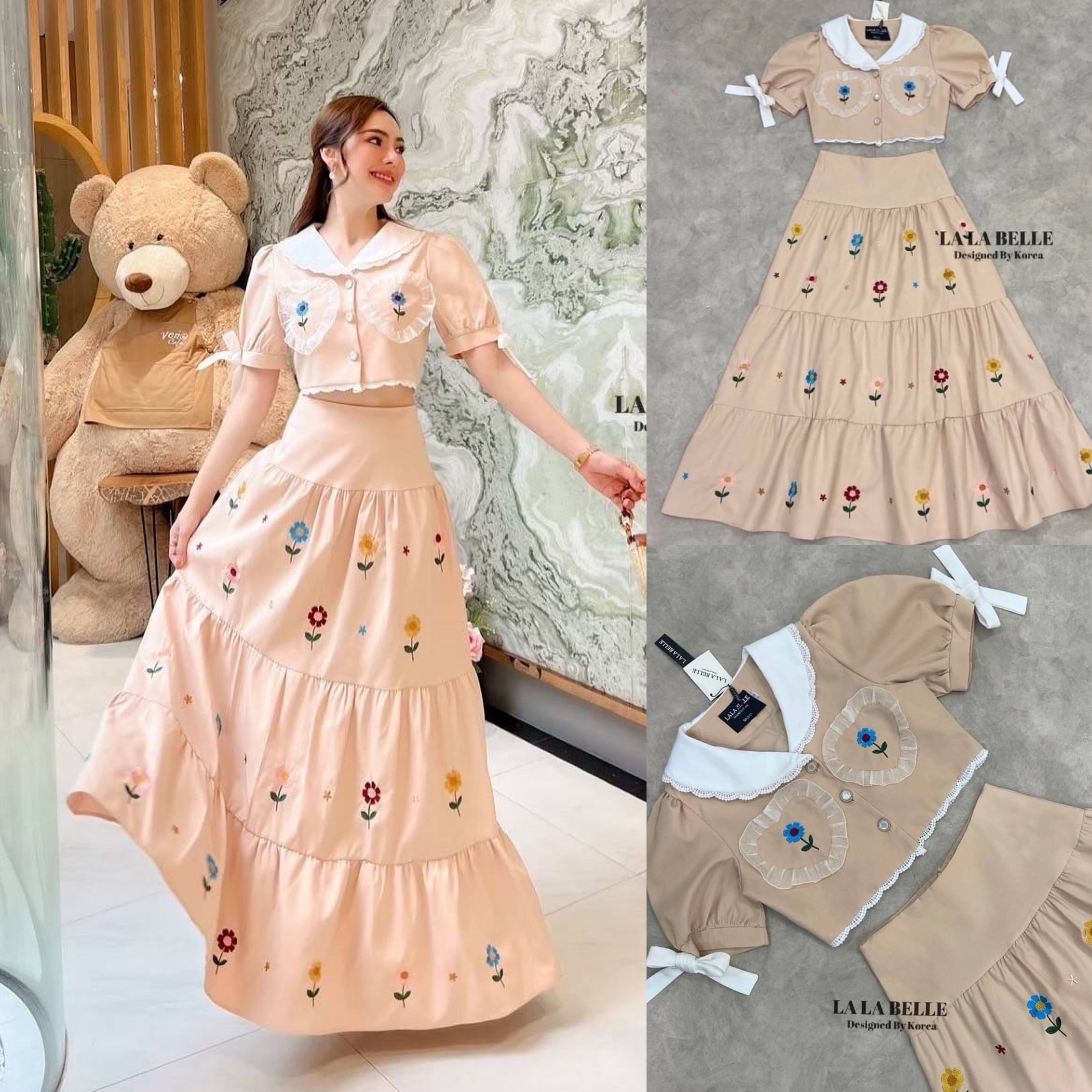 เซต2ชิ้น เสื้อคอปกกระดุมหน้าแขนตุ๊กตาปลายแขนแต่งโบว์ +กระโปรงเอวสูงยาวจับจีบ3ชั้น ปักดอกไม้สลับสีทั้งกระโปรงผ้าดีมากมีซับในอัดกาวอย่างดี สินค้าคุณภาพ (พร้อมส่ง)