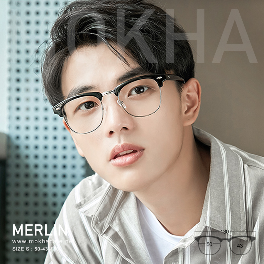 (ตำหนิ) MERLIN - silver black กรอบแว่น วินเทจ แว่นตา ClubMaster น้ำหนักเบา กว้าง 130 มม. (sizeS) H43