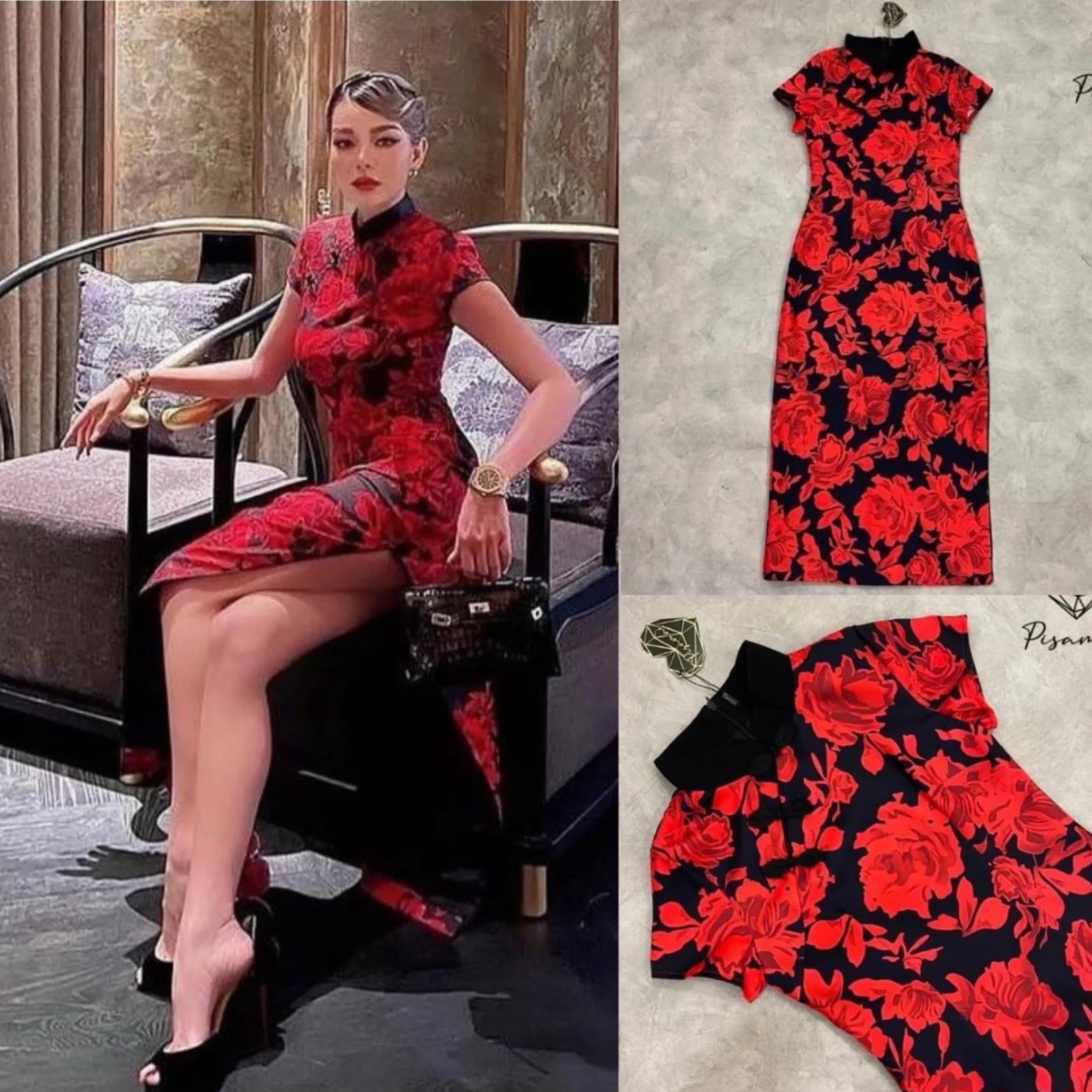 เดรสแขนกุดตัวยาวผ่าข้างลายแต่ง ดอกไม้อร่าม ใส่สบาย สินค้าคุณภาพ (พร้อมส่ง)