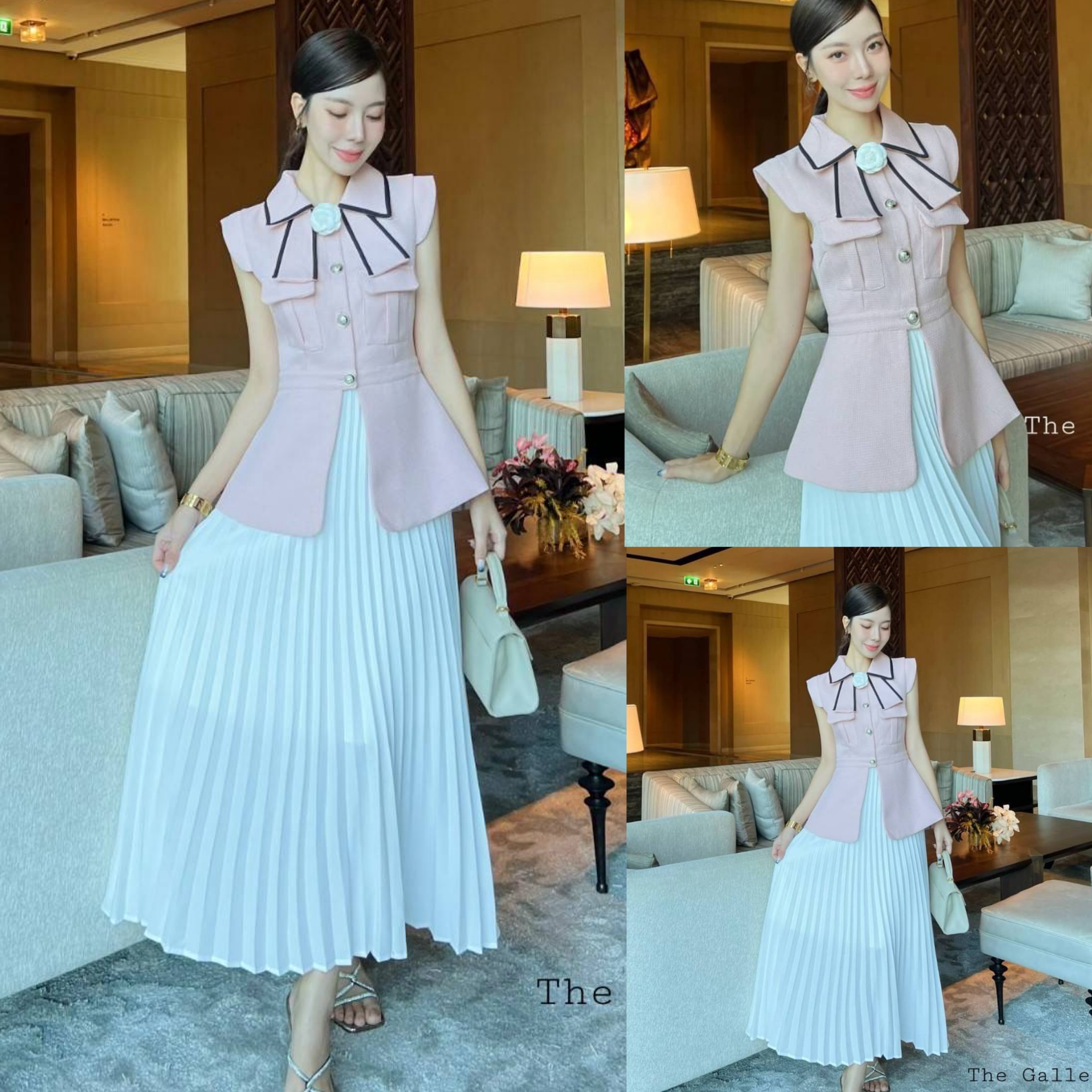 เซ็ต3ชิ้นเสื้อและกระโปรงอัดพลีต+เข็มกลัดดอกไม้เข้าชุด มาพร้อมซับในทั้งเสื้อและกระโปรง สินค้าคุณภาพ (พร้อมส่ง)