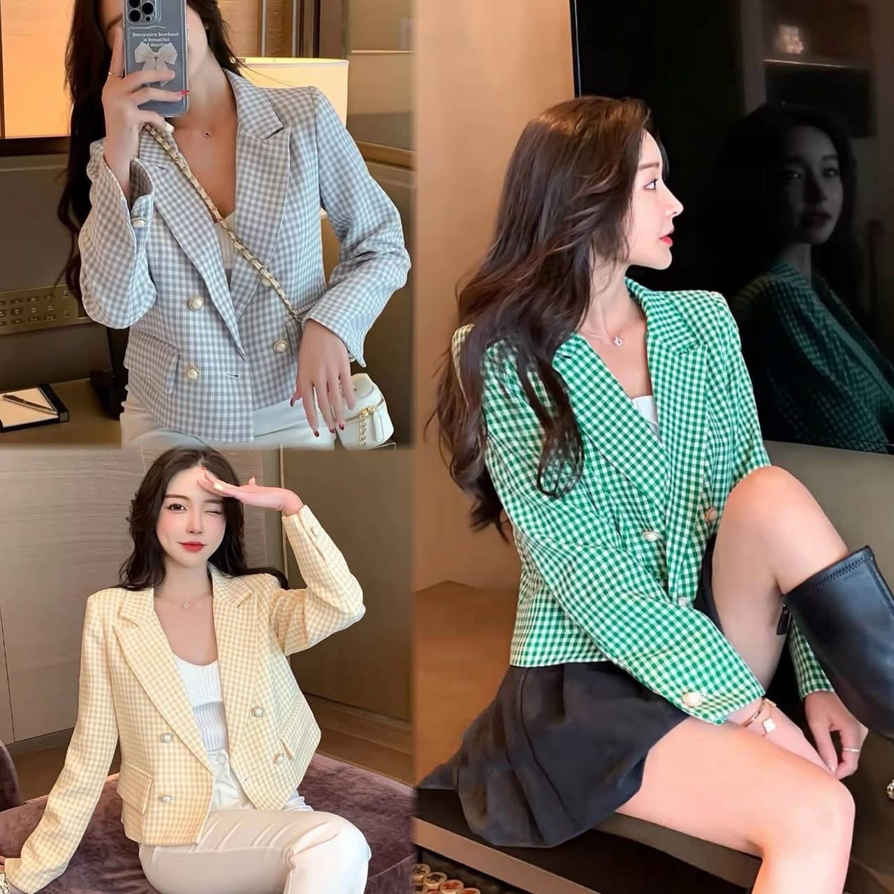 สูทดีไซน์ตัวเต่อ ผ้าตารางมีซับในทั้งตัว กระดุมมุกวินเทจ ใส่สบาย : สินค้าคุณภาพ (พร้อมส่ง)