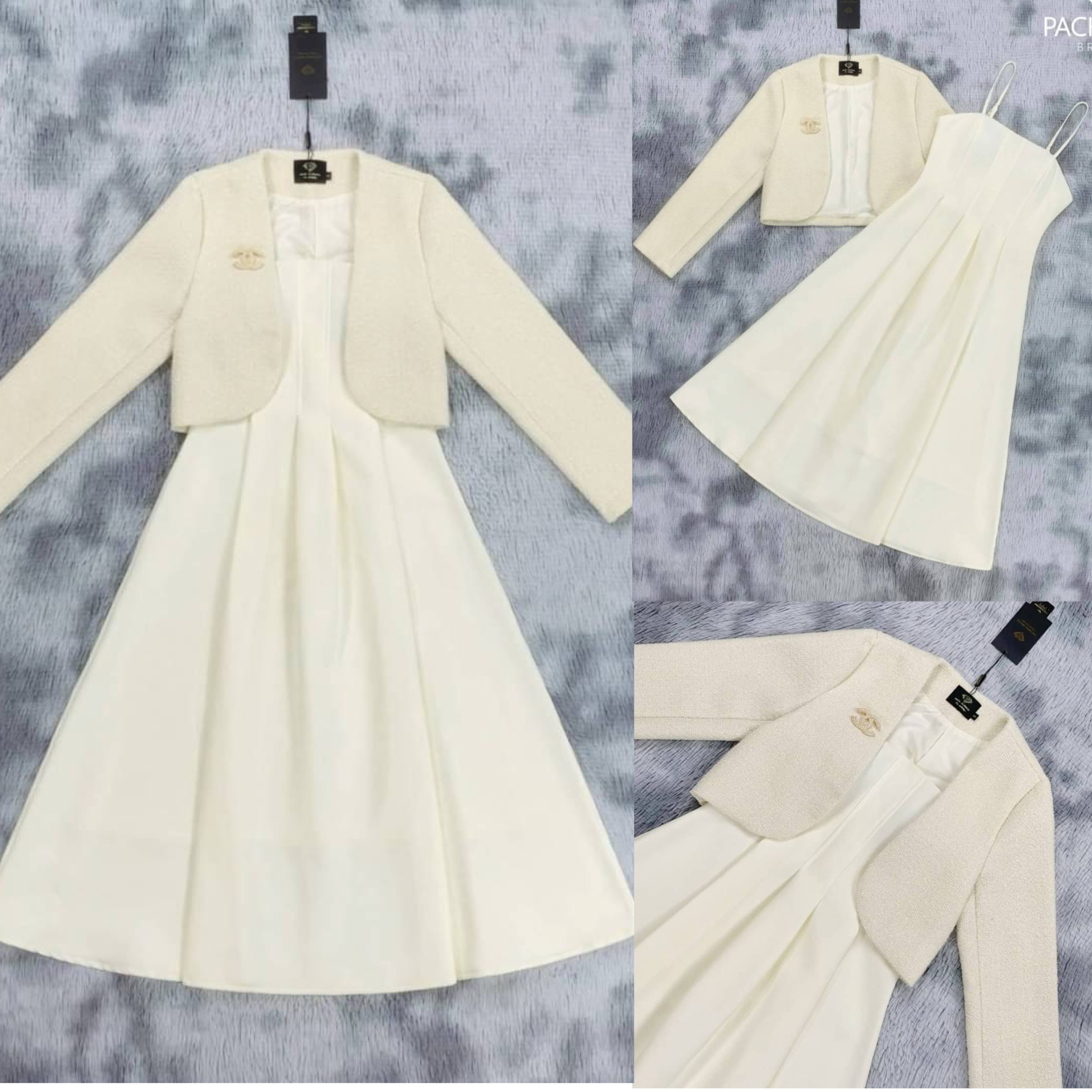 เซ็ต 3 ชิ้น เสื้อครอปสูทแขนยาวสีครีม คู่กับเดรสยาว ช่วงเอวตีเกร็ดเข้ารูป ชายกระโปรงบานสวยมาก งานซิปด้านหลัง มีซับในอย่างดี มาพร้อมเข็มกลัด สินค้าคุณภาพ (พร้อมส่ง)