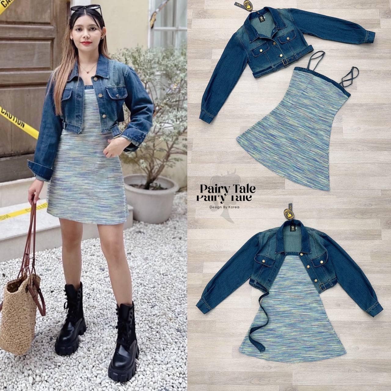 Set เดรสผ้าลายสีฟ้ารุ้ง สายปรับระดับได้ เสื้อคลุมยีนแขนยาวฟอกแขนยาวสีสวยมากกเข็มขัดยาวว กระดุมทอง ใส่สบาย : สินค้าคุณภาพ (พร้อมส่ง)