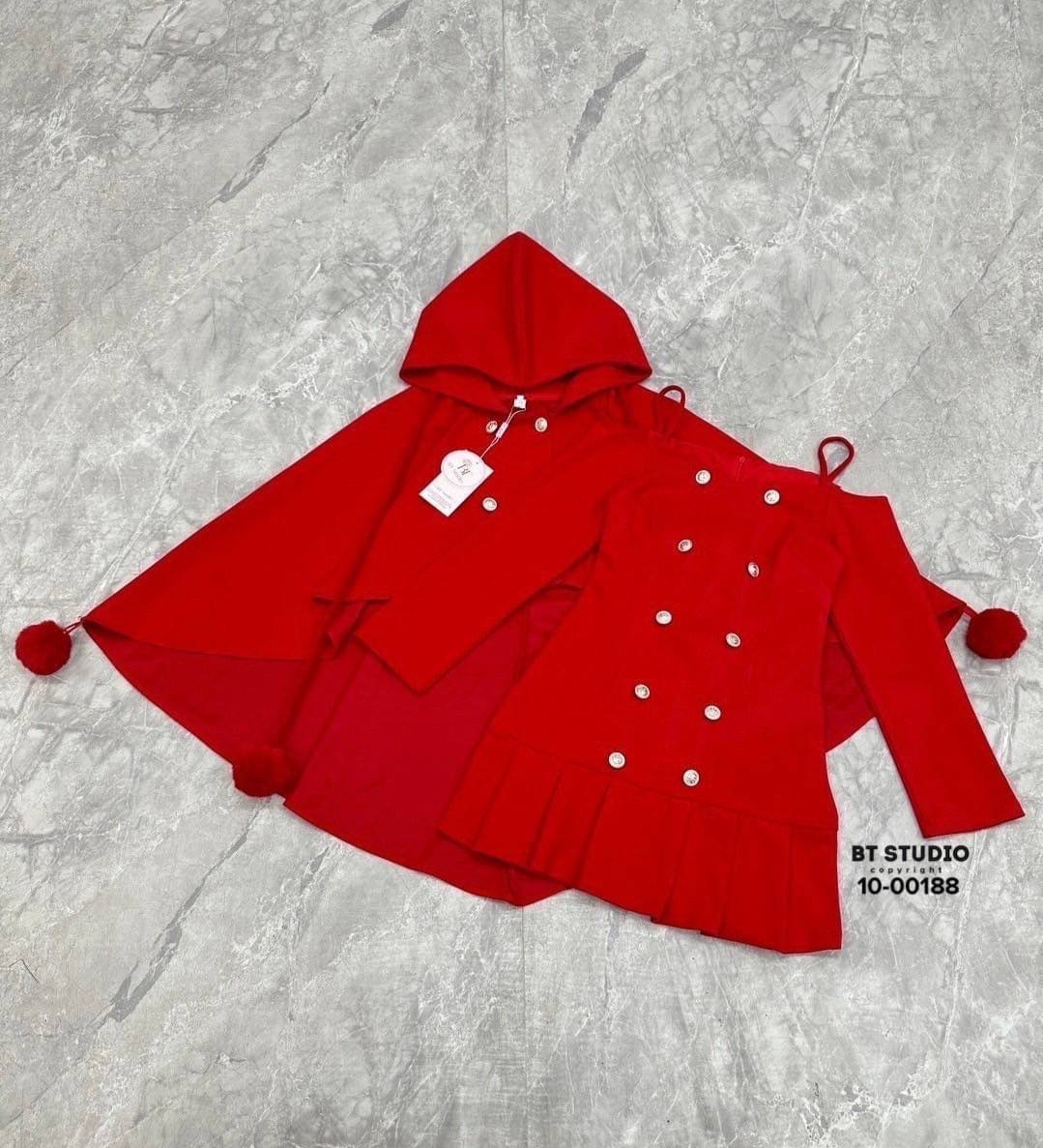 เซท 2 ชิ้น เสื้อคลุมแต่งฮูดกระดุมหน้า หน้าสั้นหลังยาว แมทซ์กับเดรสสายเดี่ยวปาดไหล่แต่งแขนยาว สินค้าคุณภาพ (พร้อมส่ง)