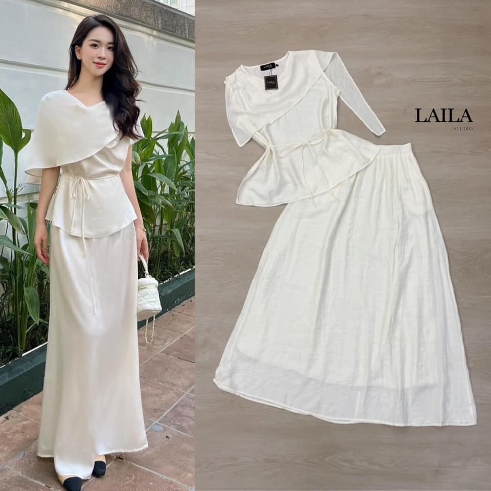 SET เสื้อ+กระโปรง เสื้อทรงแขนกุดงานแต่งทรงคอถ่วง เนื้อผ้าญี่ปุ่น กึ่งซาตินแต่งยับ พริ้วๆสวยๆ มีสายเชือกพันเอวให้เข้าทรงสวยๆ +กระโปรงทรงA ใส่สบาย : สินค้าคุณภาพ (พร้อมส่ง)