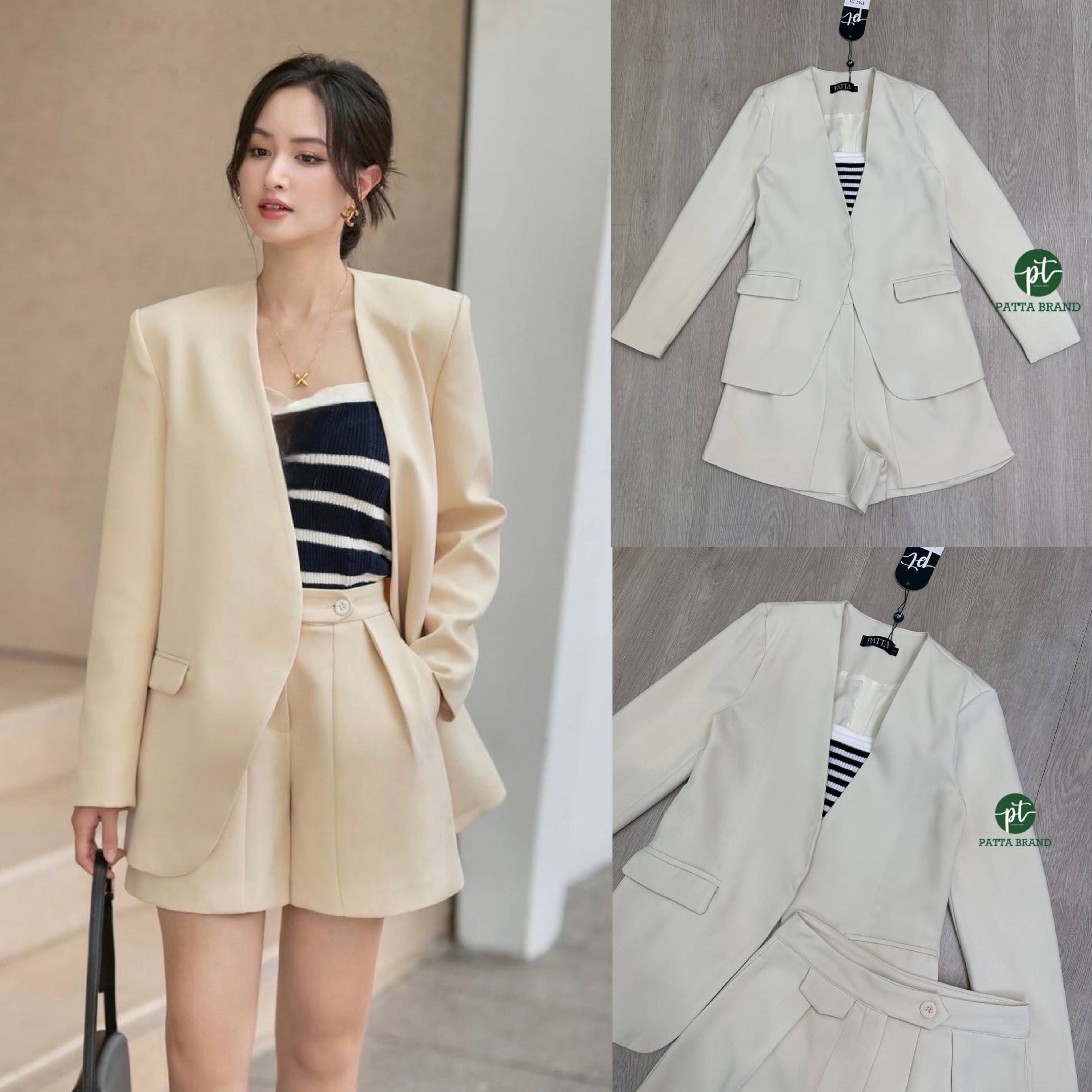 Setสูท3 ชิ้น สีครีมเสื้อคลุมสูทแขนยาวมีกระดุมแป๊กใสด้านใน +เสื้อครอปสายเดี่ยวผ้าทอknit ลายริ้วขาวดำ คู่เซตกับกางเกงขาสั้น มีตะขอซิปหน้า เย็บซับในอย่างดี สินค้าคุณภาพ (พร้อมส่ง)