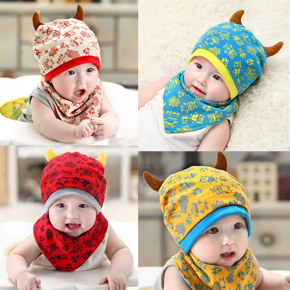 เซตหมวก+ผ้ากันเปื้อนเด็กอ่อน สไตล์เกาหลี ปีศาจน้อยน่ารัก สำหรับเด็กวัย 3-24 เดือน