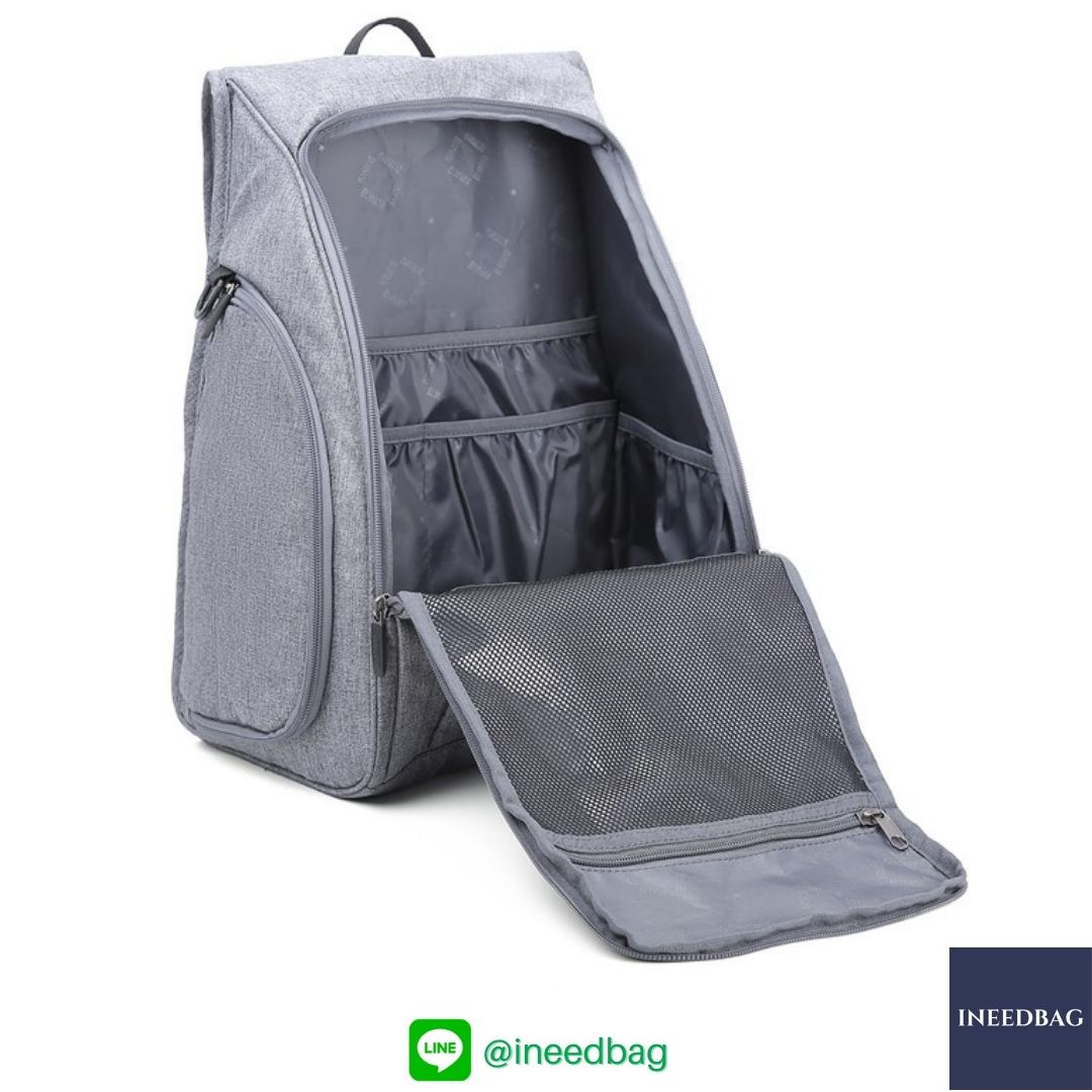 Ecosusi กระเป๋าคุณแม่, กระเป๋าสัมภาระคุณแม่, กระเป๋าแม่ลูกอ่อน แบบเป้ มาพร้อมแผ่นรองเปลี่ยนผ้าอ้อม, ช่องเก็บความร้อน-เย็น (New Version Grey) + Wet Pocket + Wipe Pocket
