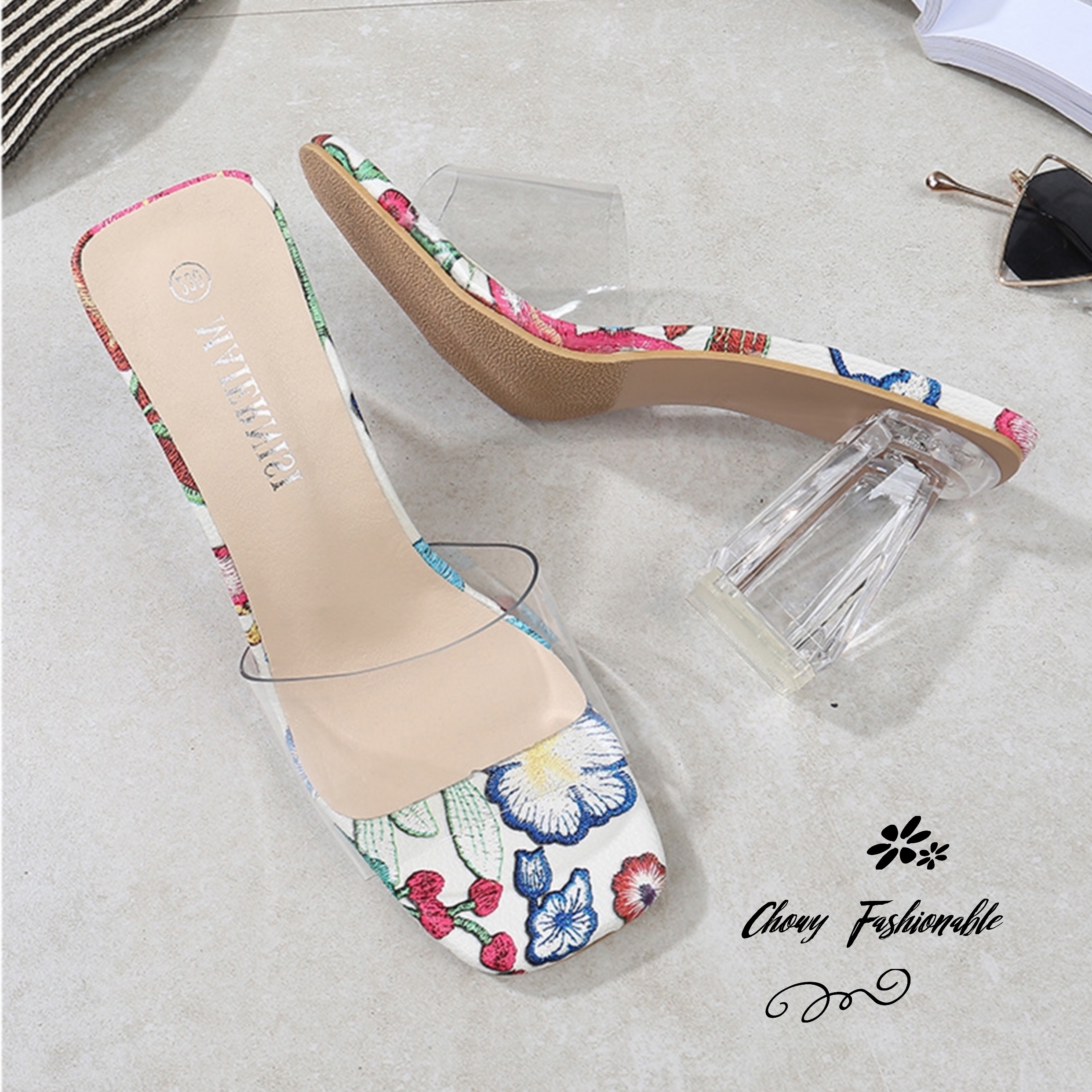 รองเท้าไซส์ใหญ่ 41-46 รองเท้าแตะมีส้น สูง 3 นิ้ว ส้นแก้วใส ด้านบน PU นิ่มใส CHOWY KR0960BU