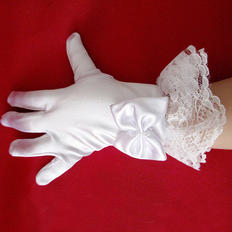 NanaBaby ถุงมือเด็กสีขาวลูกไม้ออกงาน ถุงมือดรัมเมเยอร์ สำหรับเด็กวัย 4-8 ปี / 8-12 ปี ผ้าสแปนเด็กซ์ยืดเนื้อซาติน นิ่มลื่นเงางาม