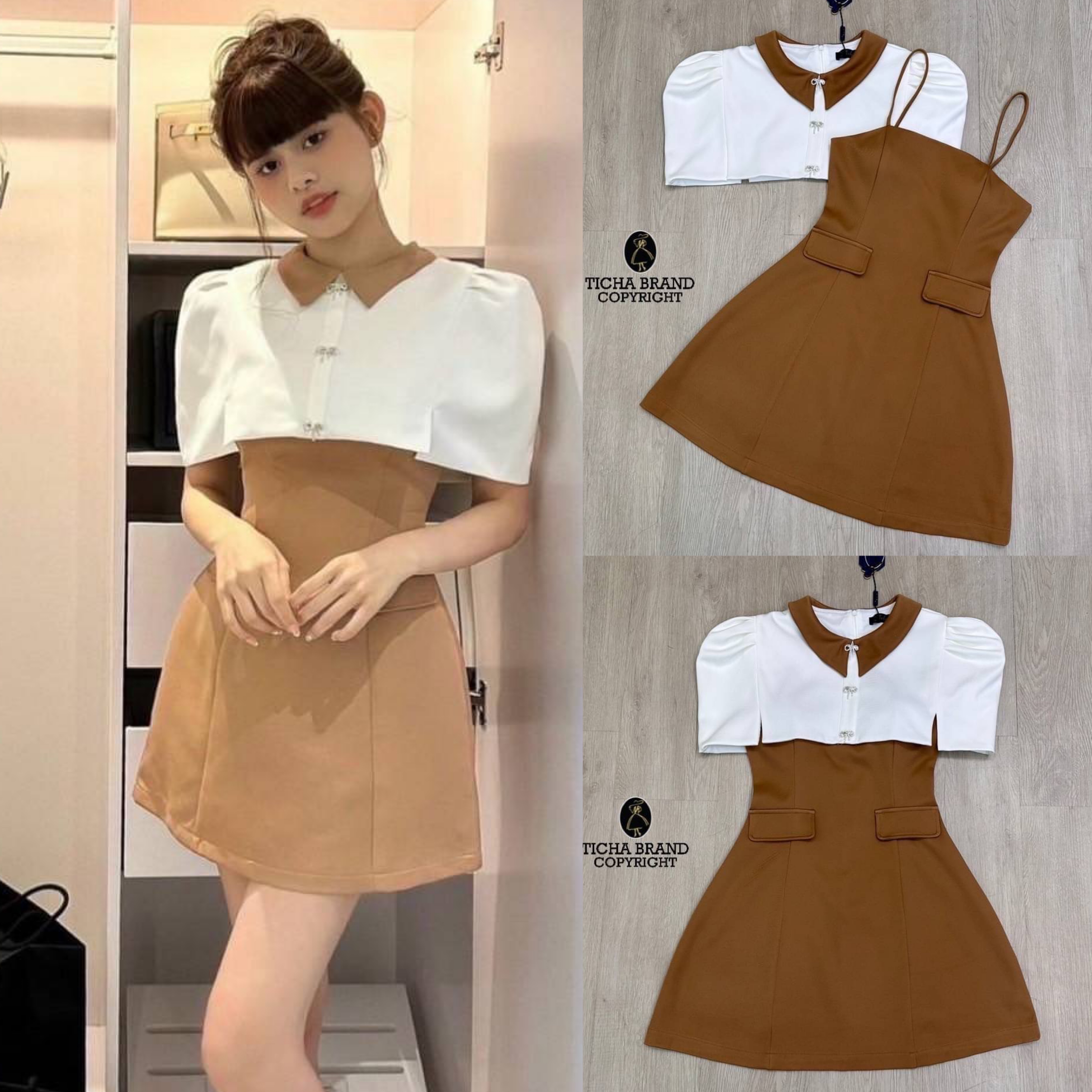 มินิเดรส2ชิ้น เดรสสายเดี่ยวสีน้ำตาล อกเย็บเสริมฟองน้ำ มาพร้อมเสื้อคลุมไหล่ตัวสั้นสีขาว(มีซิปหลัง)ช่วงอกมีเข็มกลัดโบว์เพชร มีซับในอย่างดี ทรงสวยแพทเทิร์นเป๊ะมาก ใส่สบาย สินค้าคุณภาพ (พร้อมส่ง)