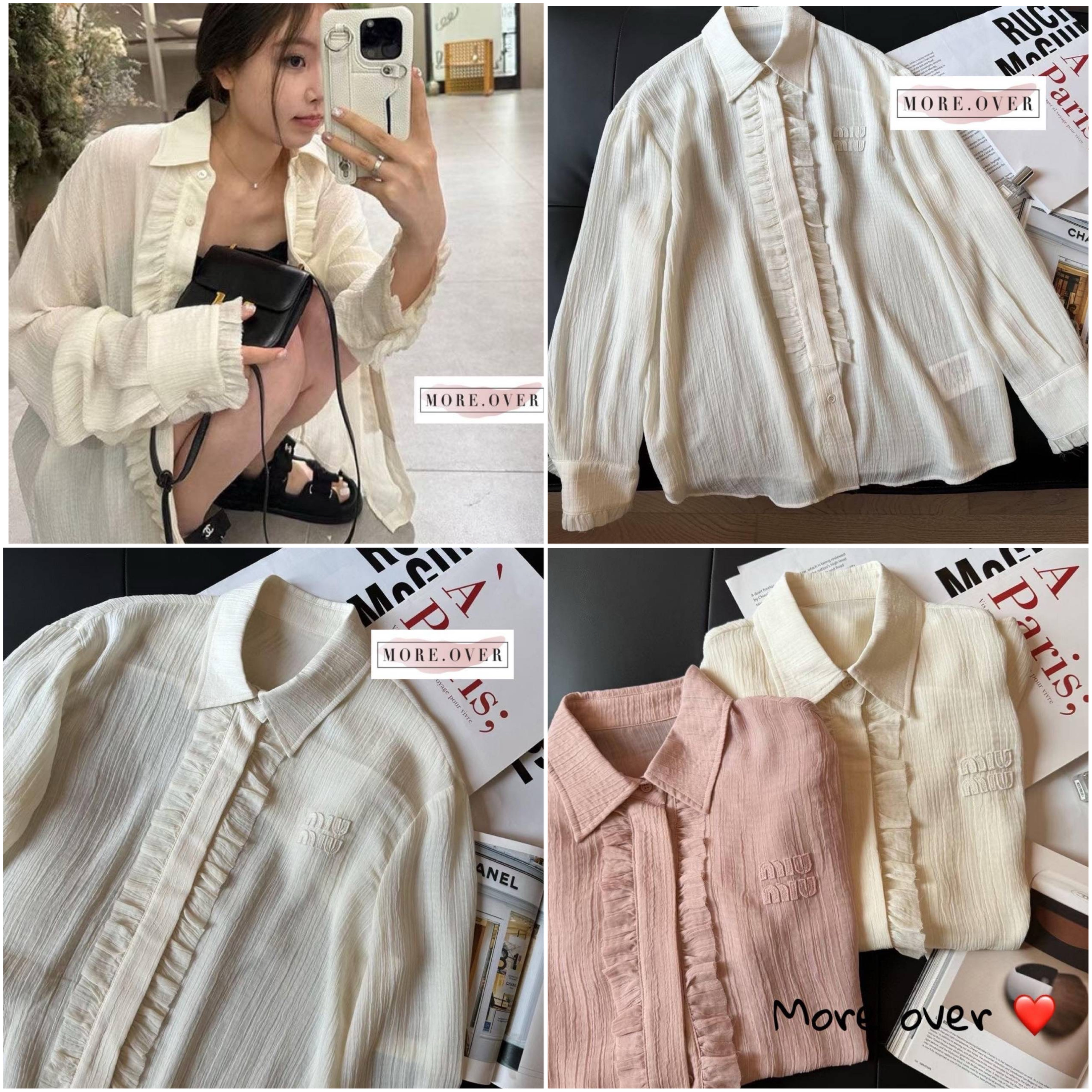 เสื้อเชิตแขนยาวแต่งระบายช่วงอกปักชื่อแบรนด์ MIU MIU : สินค้าคุณภาพ (พร้อมส่ง)