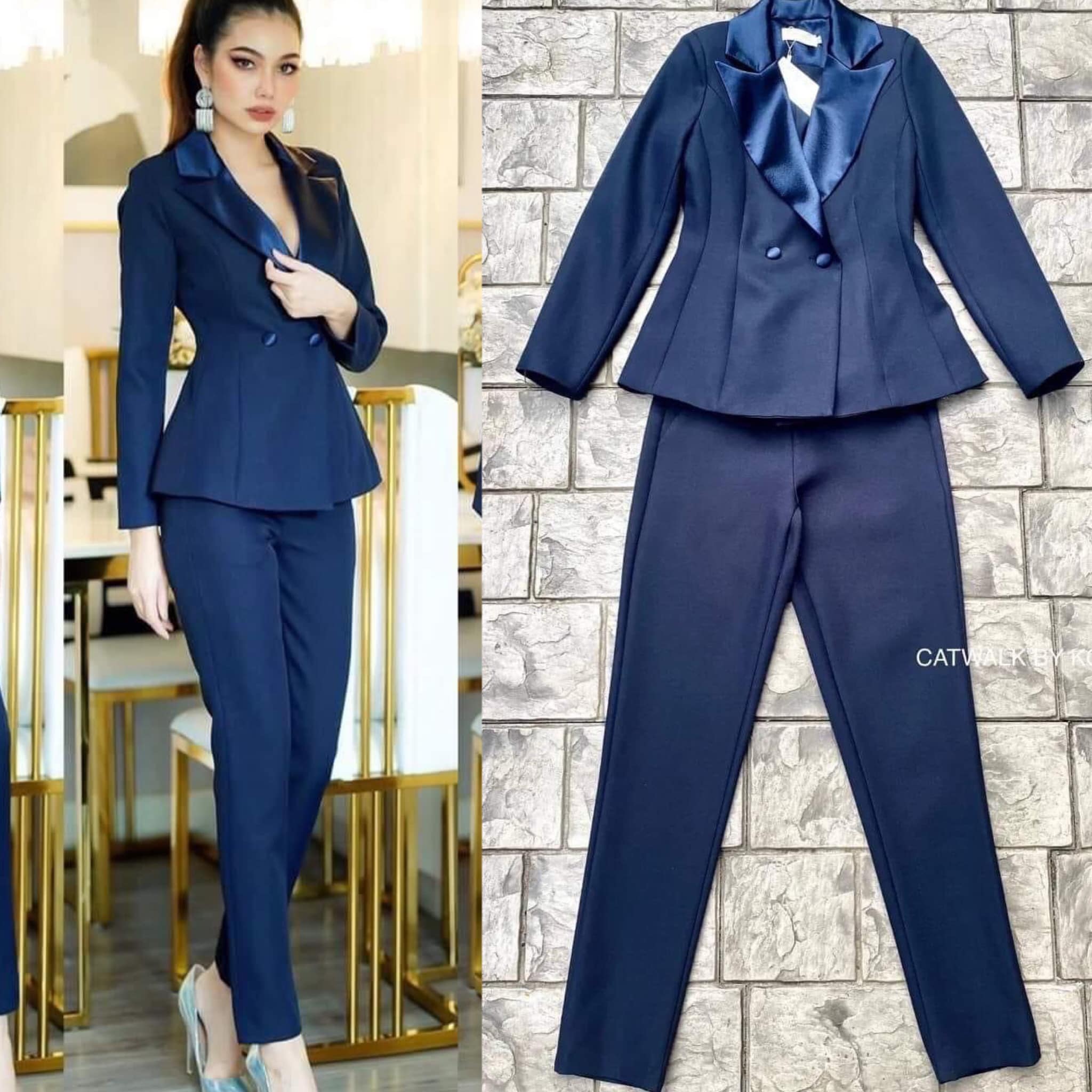 เซตสูทแต่งปกเลื่อมจับจีบหลัง+กางเกง รงสวย ทรงสวย ตัวสูททรงเข้ารูป ด้านหลังจับจีบทวีตด้านหน้า แต่งกระดุมปั้มผ้าเงา2เม็ด มาคู่กับกางเกง เอวสูงทรงขากระบอกเล็ก : สินค้าคุณภาพ (พร้อมส่ง)