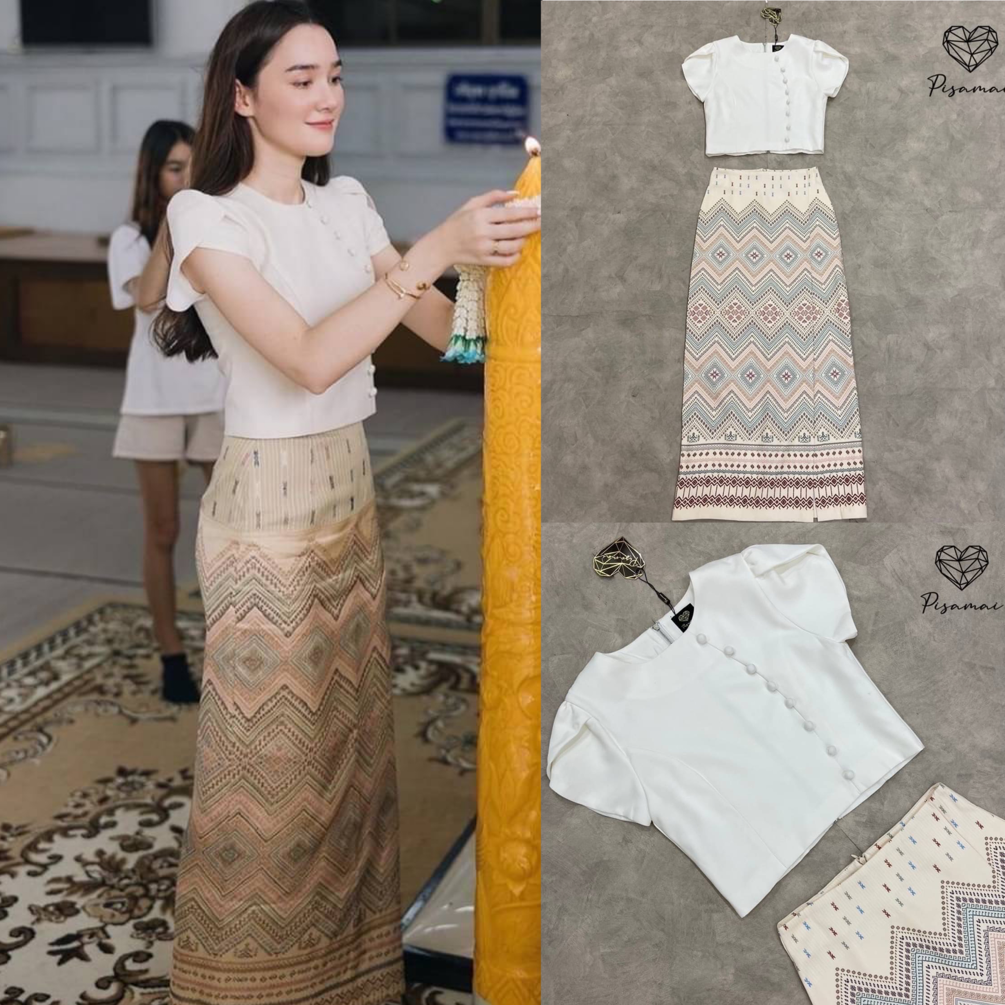 ชุดไทย เซ็ตเสื้อแขนตุ๊กตาแต่งกระดุมเรียงสีขาว มาคู่กับกระโปรงลูกไม้ผ้าถุงตัวยาวสีครีม แพทเทิ้นสวยมากค่า สินค้าคุณภาพ (พร้อมส่ง)