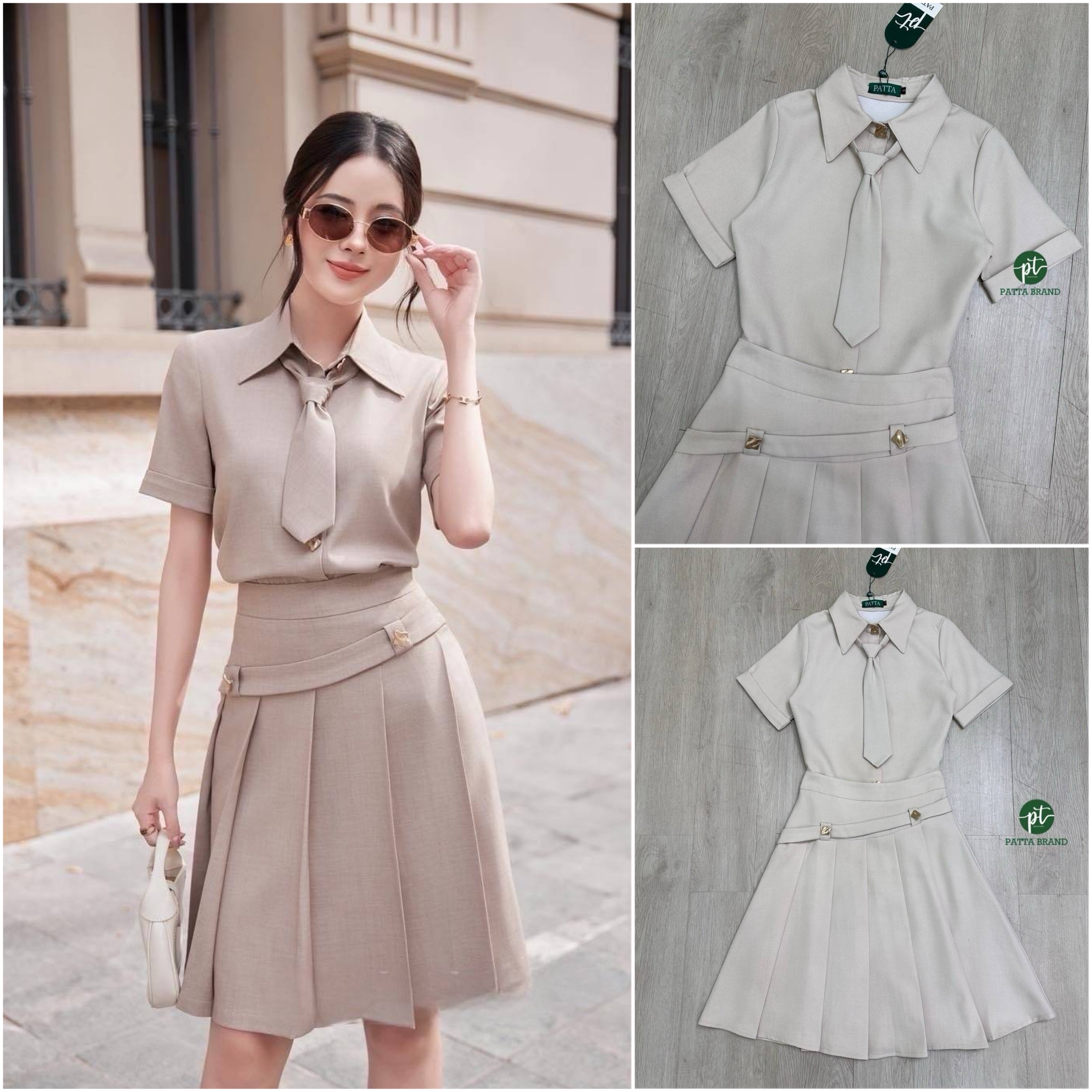 Set 2 ชิ้นสีครีม เสื้อเชิ้ตแขนสั้นแต่งกระดุมทองด้านหน้าเรียงยาว ผ้าอัดกาวนิ่ม +เนคไทให้1เส้นเก๋ๆ +กระโปรงดีไซน์จับจีบด้านหน้าแต่สายคาดเฉียงและติดอะไหล่สีทองเด่นสวย (มีซิปหลัง) ใส่สบาย : สินค้าคุณภาพ (พร้อมส่ง)