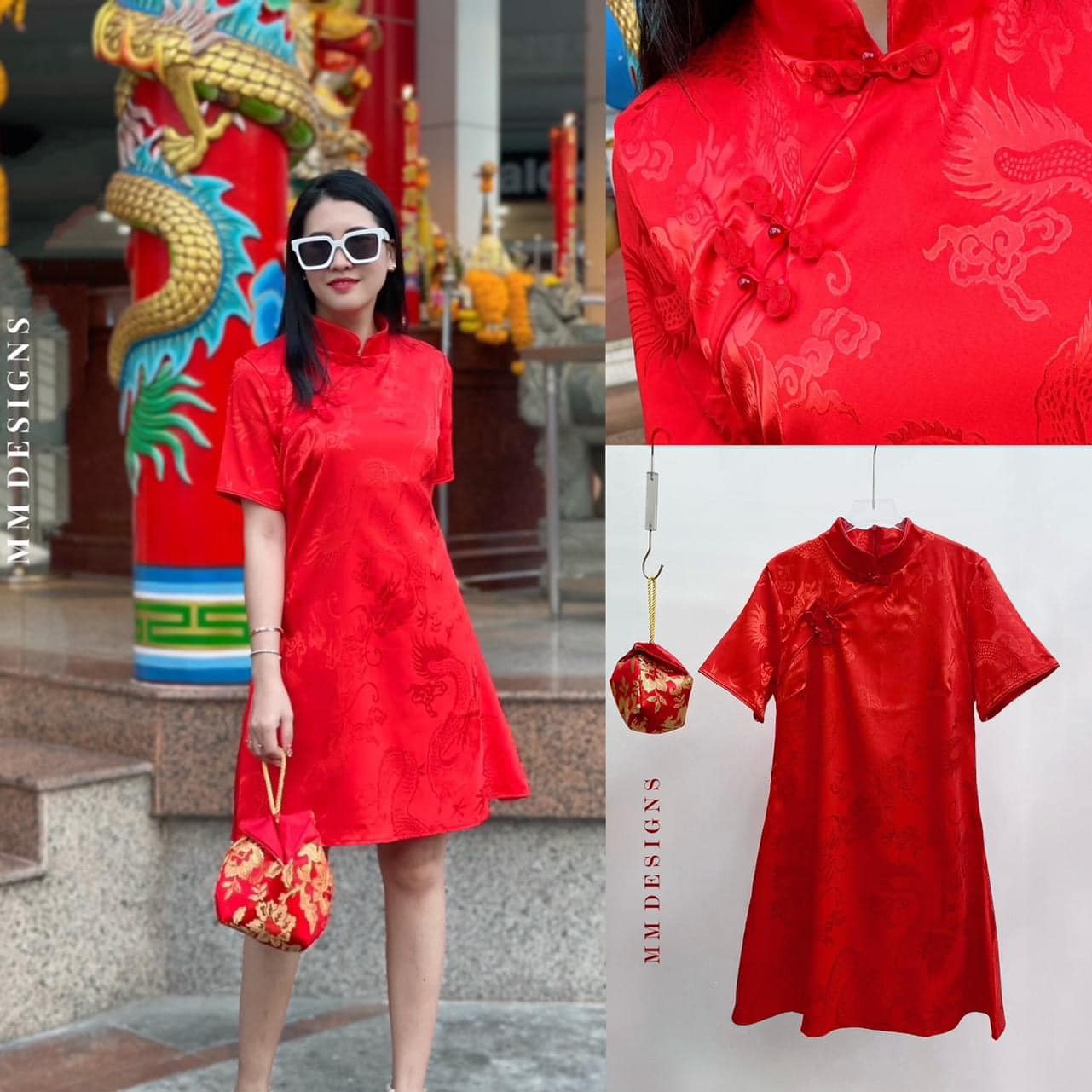 มินิเดรสกี่เพ้าลายมังกรสีแดง คอจีนกระดุมเฉียง ซิปหลัง งานสวยกุ้นขอบรอบตัวผ้าพิมพ์ ายในตัว มีซับในในตัว ใส่สบาย สินค้าคุณภาพ (พร้อมส่ง)