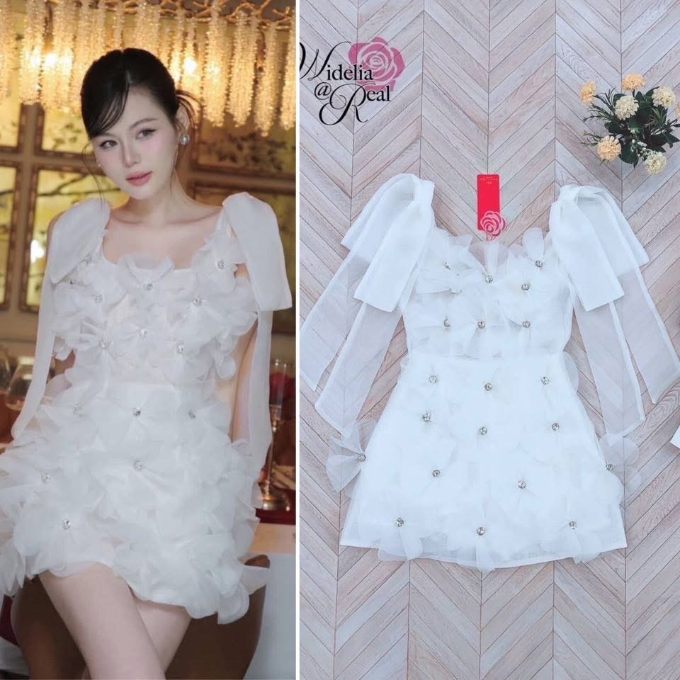 Dress เดรสสายเดี่ยวโบว์ ตัวเดรสเย็บดอกไม้มาทั้งตัว เกสรเป็นเพชรเม็ดใหญ่ ซิปหลัง เนื้อผ้าอย่างดี ใส่สบาย : สินค้าคุณภาพ (พร้อมส่ง)