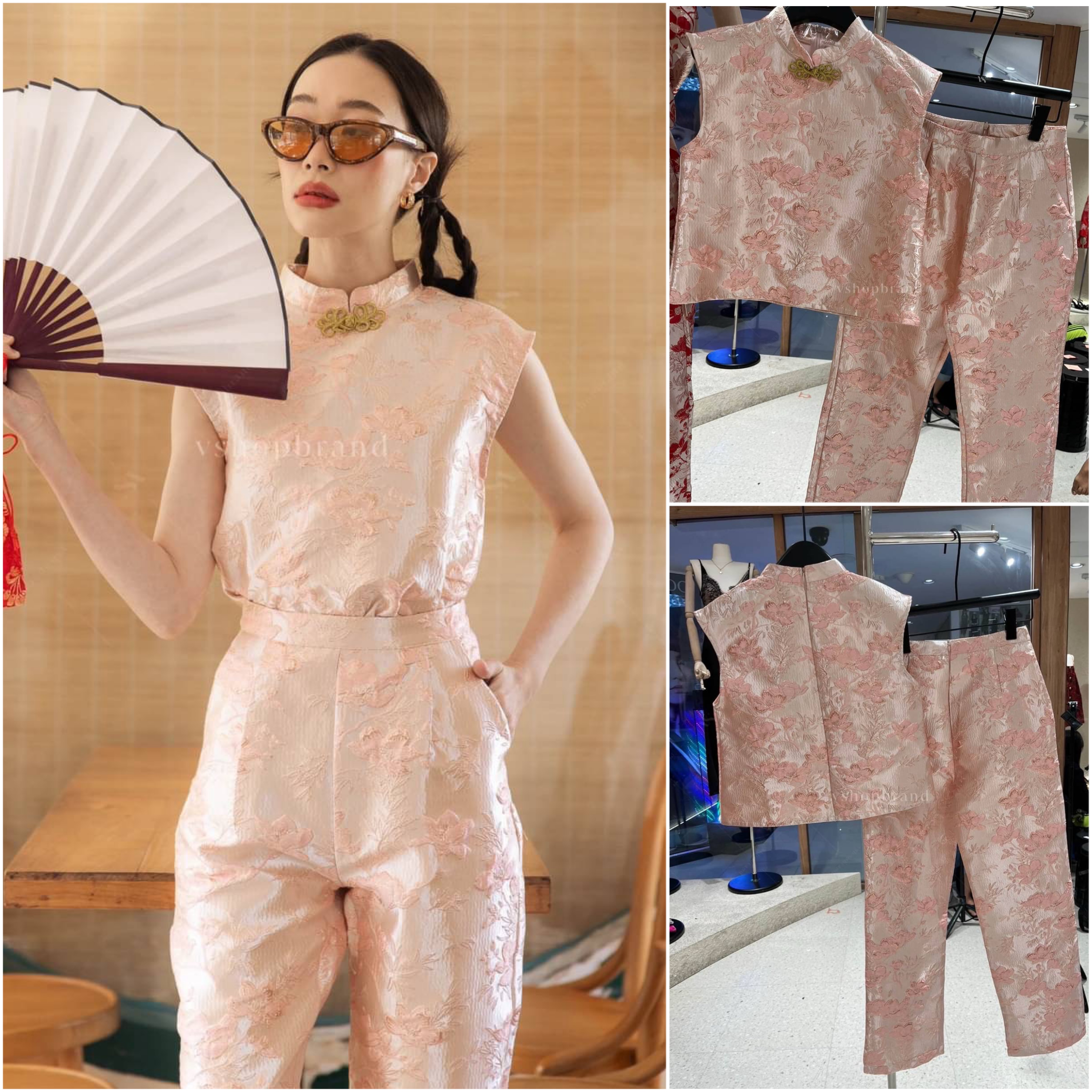 Set กี่เพ้าเสื้อแขนกุดผ้าทอ ลายดอกโบตั๋น + กางเกงขายาว ใส่สบาย : สินค้าคุณภาพ (พร้อมส่ง)