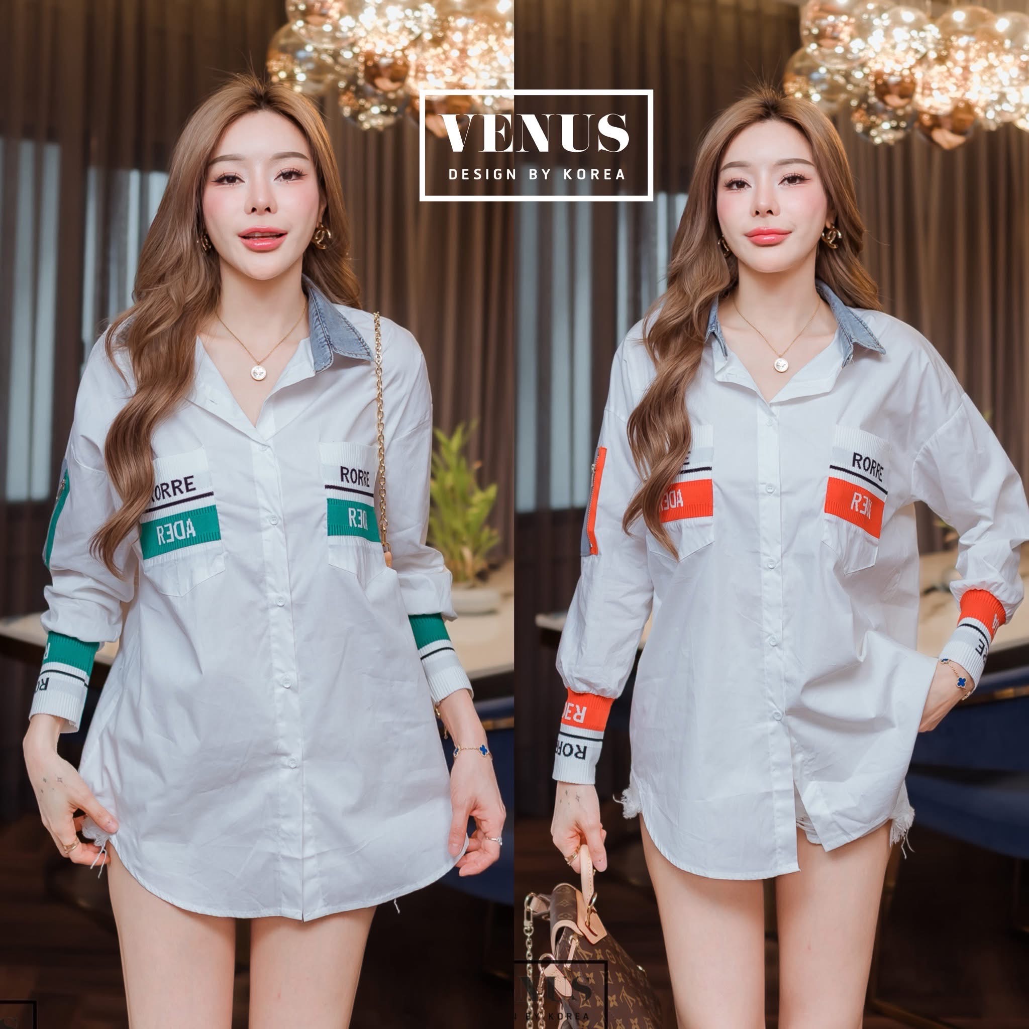 เสื้อเชิ๊ตแต่งผ้ายีน ดีเทลช่วงปลายแขนแต่งผ้าทอ งานสวยเป๊ะ ใส่สบาย : สินค้าคุณภาพ (พร้อมส่ง)