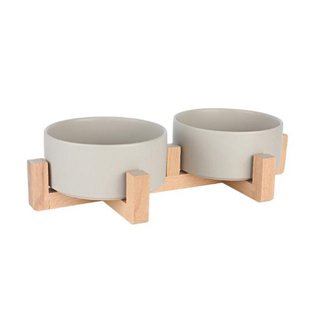 ชามเซรามิคสัตว์เลี้ยง Petsuka พร้อมฐานรองสไตล์ญี่ปุ่น สำหรับสุนัขและแมว สีเทา แบบคู่ 850 ml