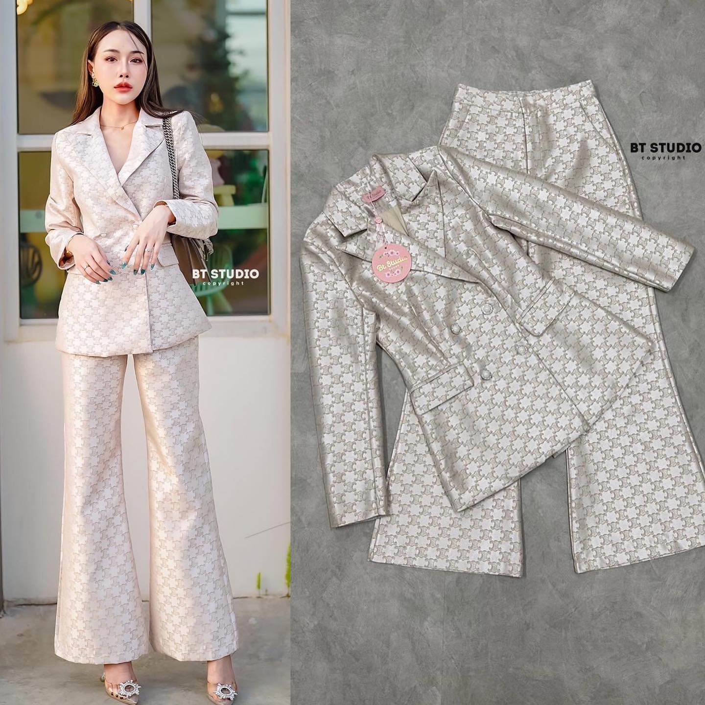 เซท 2 ชิ้น งานสวยม๊ากก เนื้อผ้าดี พร้อมเสริฟ เสื้อเบเซอร์แขนยาวคอปกแต่ง กระดุมมุกล้อมเพชร กระเป๋าใช้งานได้จริง มาพร้อมกางเกงขายาวเอวสูง : สินค้าคุณภาพ (พร้อมส่ง)