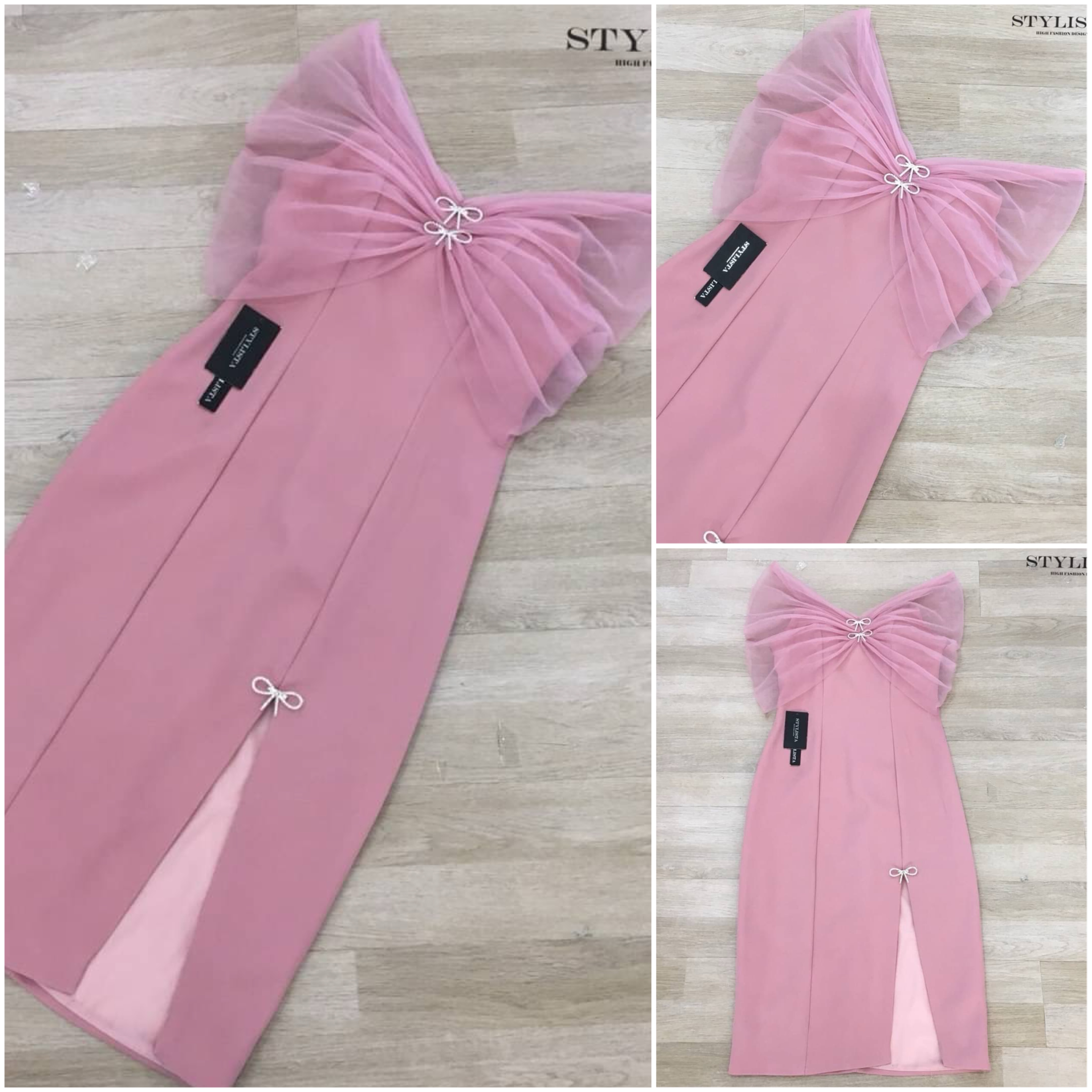 เดรสทรงพอดีตัว เปิดไหล่ แต่งผ้าซีทรูรั้งแขนแต่งโบว์เพชร น่ารักมากก กระโปรงผ่าข้าง ใส่สวยดูดี ใส่สบาย : สินค้าคุณภาพ (พร้อมส่ง)