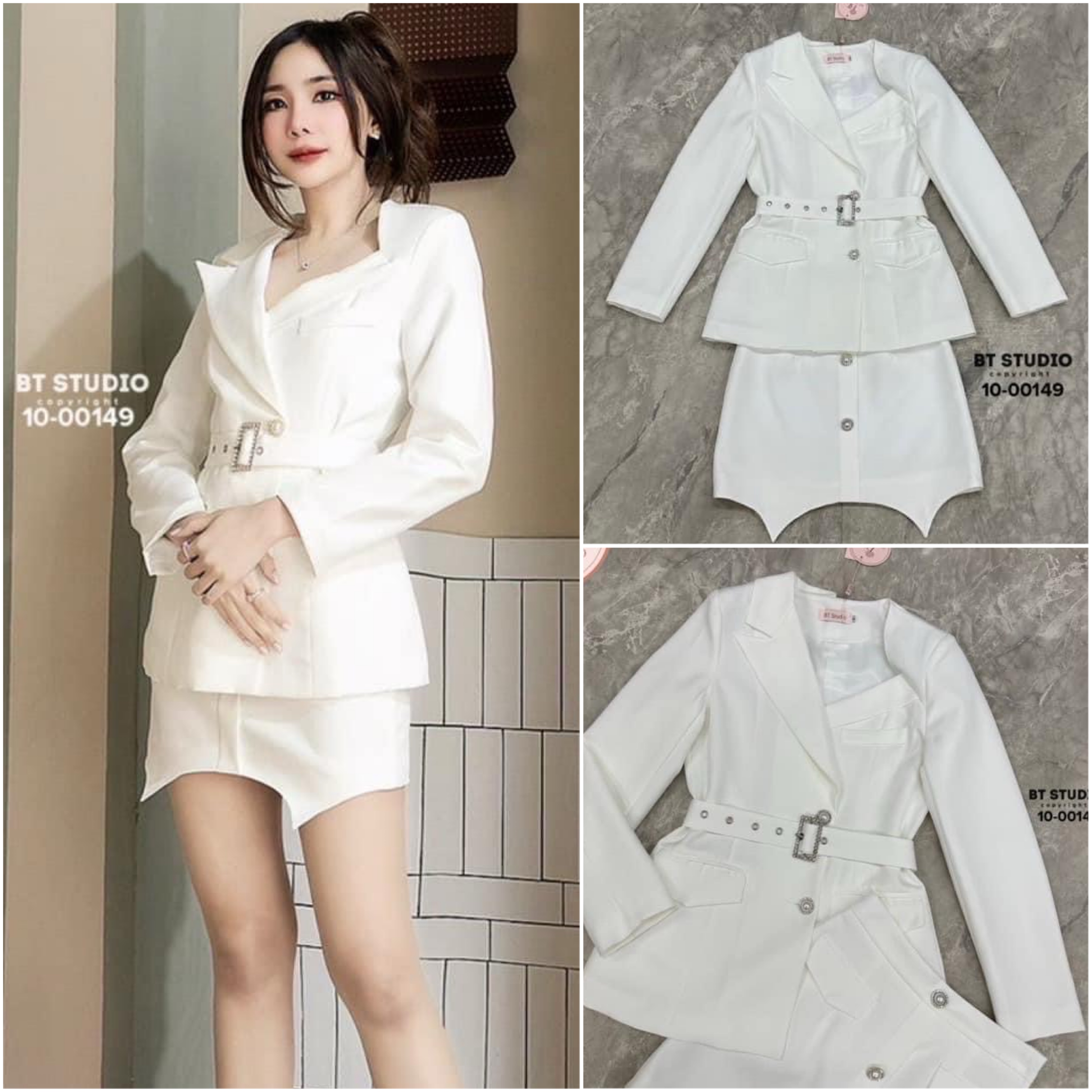 เซท 3 ชิ้น เสื้อเบเซอร์แขนยาวกระดุมหน้า +กระโปรงสั้นกระดุมหน้า แต่งเว้าปล่อยชายหน้าหลังเล็กน้อย ซิปหลัง มีชับใน +เข็มขัดผ้าหัวสีเงิน ใส่สบาย สินค้าคุณภาพ (พร้อมส่ง)