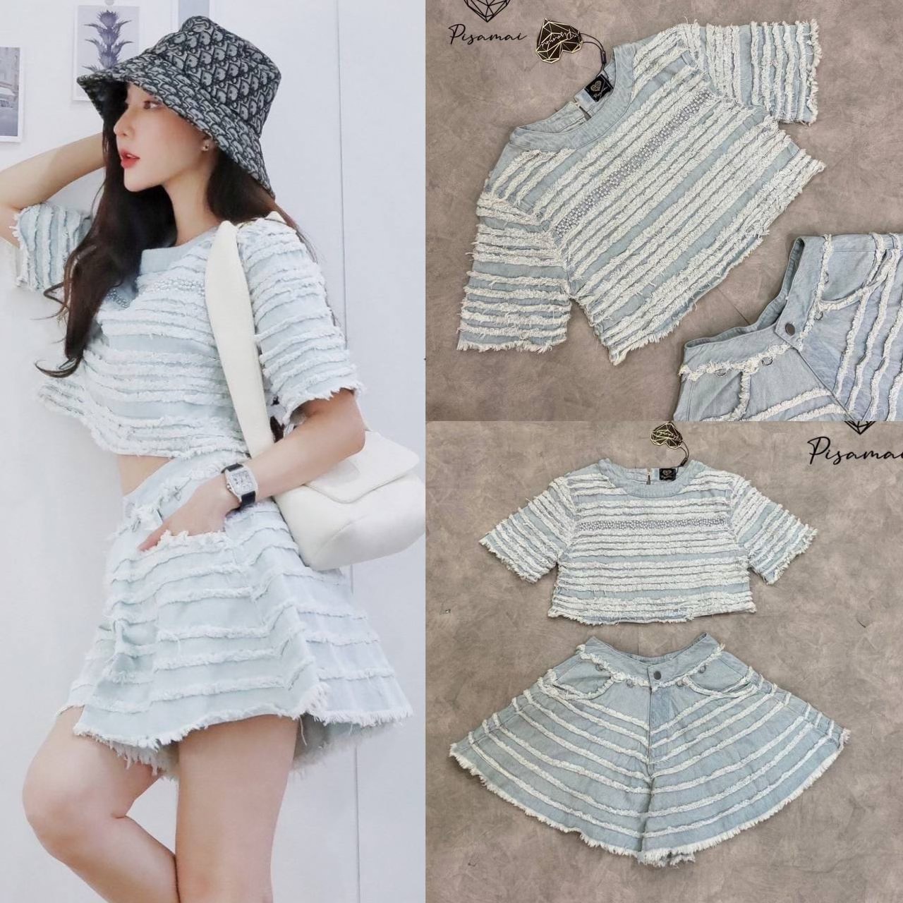 เซ็ตเสื้อยีนส์คอปแต่งมุก มาคูากับ กางเกงยีนส์ขาสั้นทรงบาน ใส่สบาย สินค้าคุณภาพ (พร้อมส่ง)