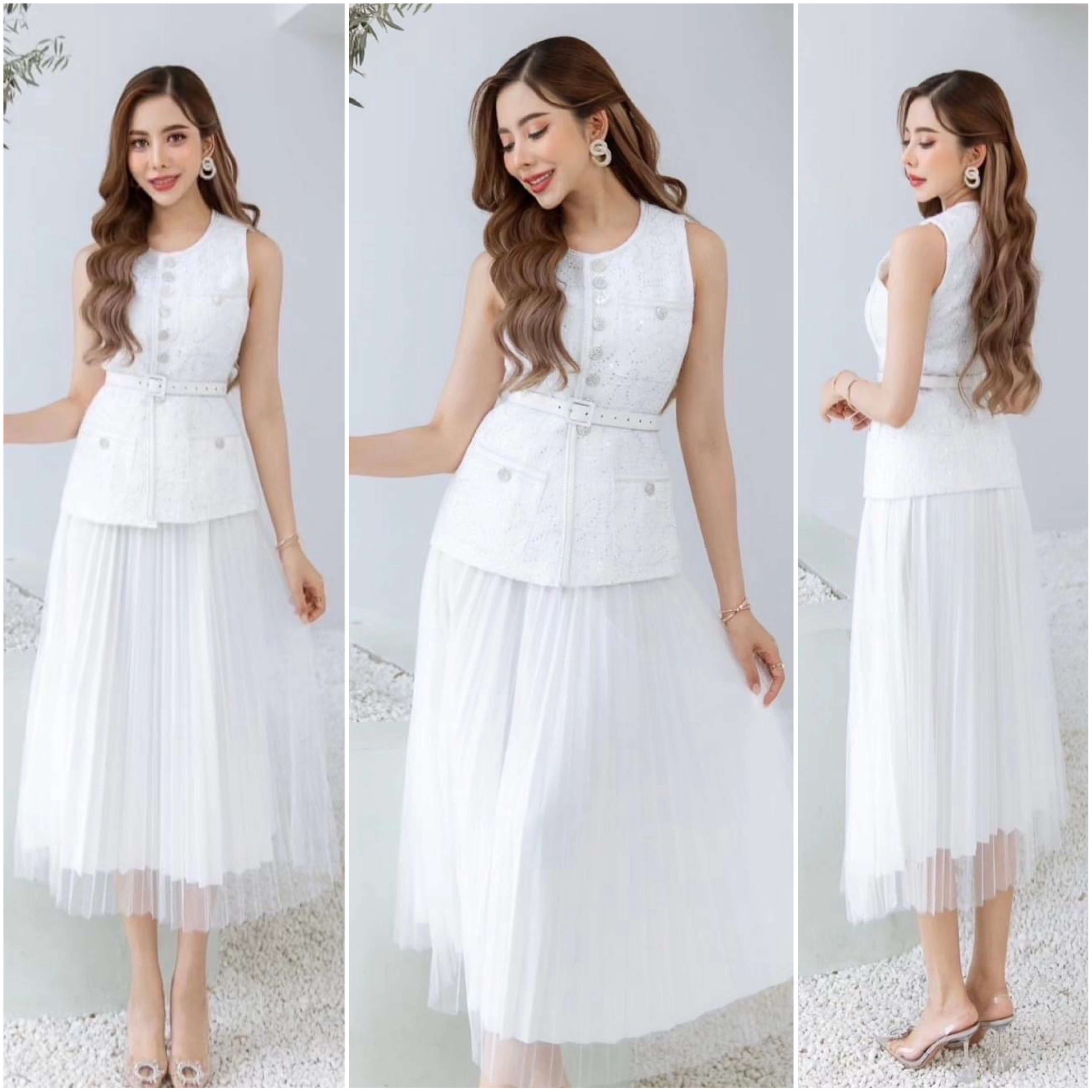 เซตเสื้อผ้า ทวิตกระดุมเพชร+กระโปรงผ้าตาข่ายอัดพลีท เนื้อผ้าทวิตเกรดเอ ใส่สบาย สินค้าคุณภาพ (พร้อมส่ง)