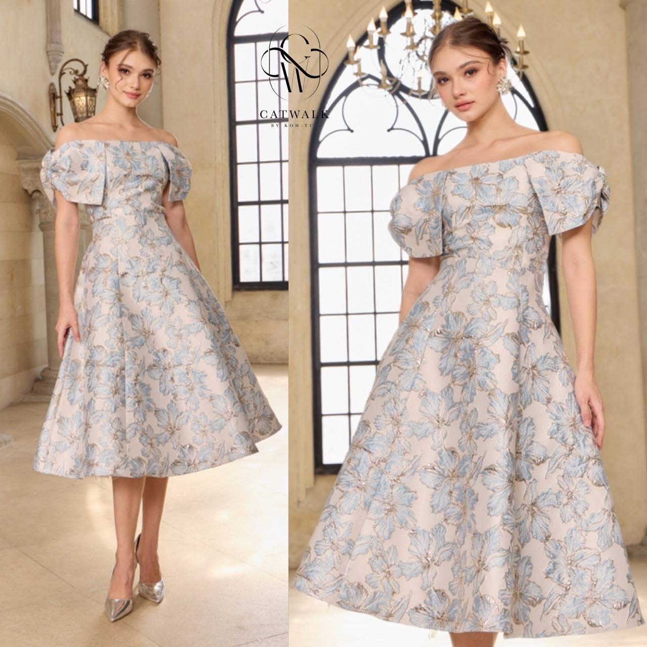 เซตผ้าทอลายเสื้อปาดไหล่โบว์ไหล่+กระโปรงทรงย้วย เนื้อผ้าเกรดเอ ผ้าสวยมาก ใส่สบาย : สินค้าคุณภาพ (พร้อมส่ง)