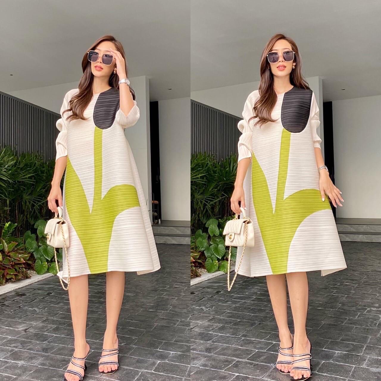 เดรสอัดพลีท งานสวยไฮโซ ทรงคอกลม ชายบาน A Line 😍 พิมพ์ลายดอกทิวลิป สินค้าคุณภาพ (พร้อมส่ง)