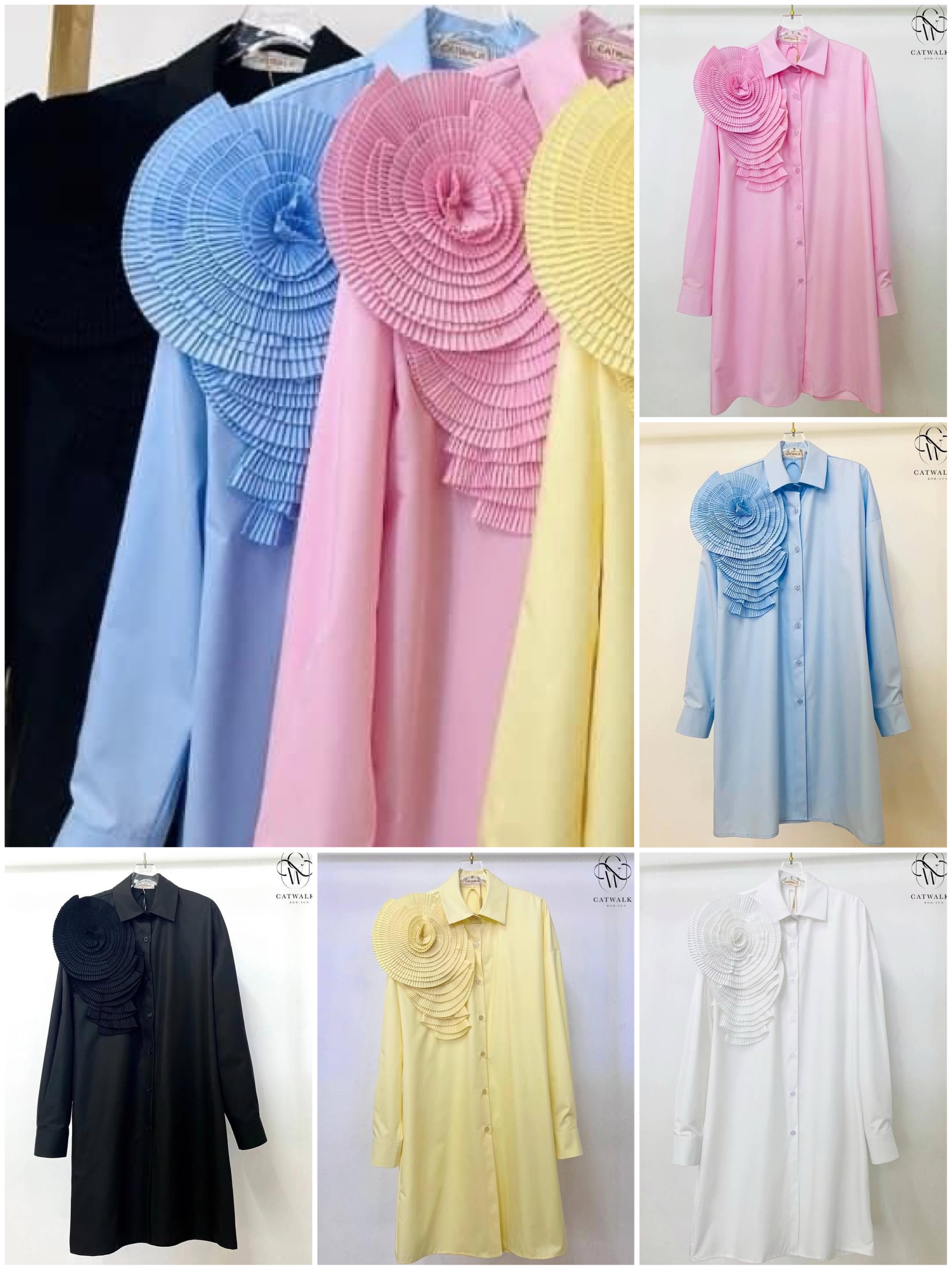 เดรสเชิ้ตแต่งดอกไม้อัดพลีท เนื้อผ้าเกรดเอ สินค้าคุณภาพ (พร้อมส่ง)