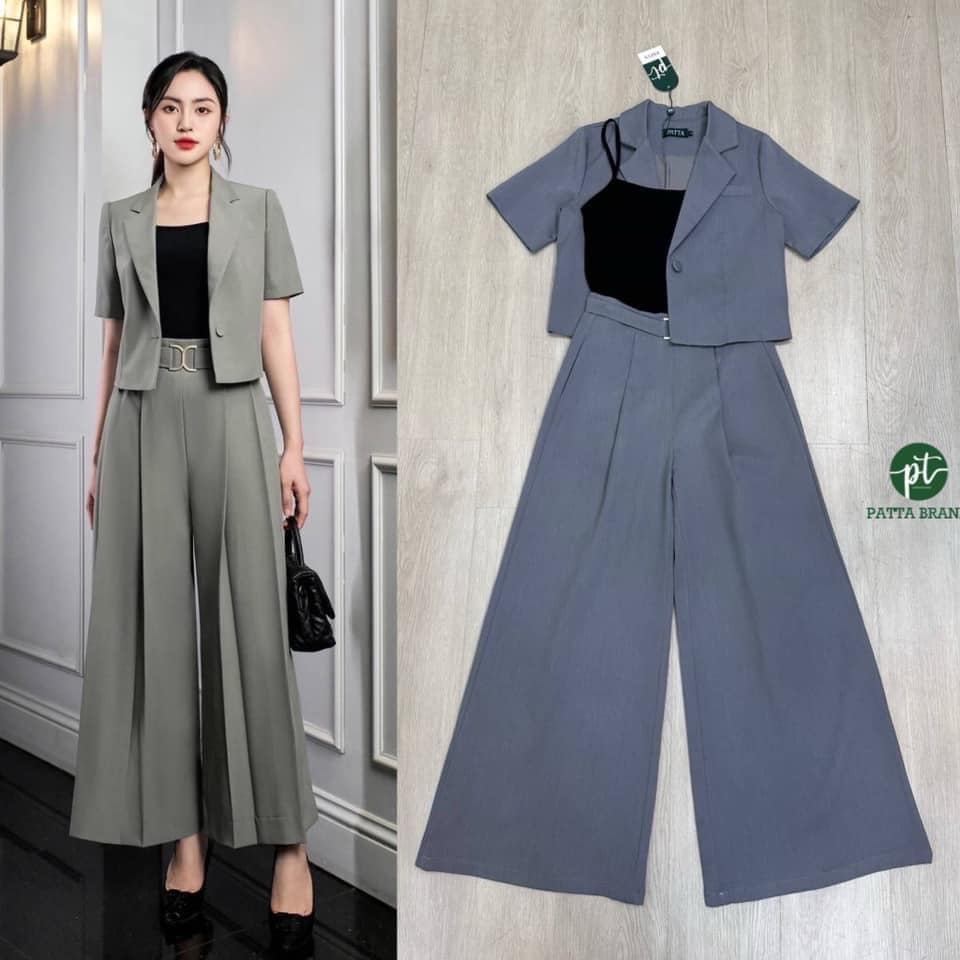 Set3ชิ้น สีเทา เสื้อเบลเซอร์แขนสั้นมีกระดุมหน้า1เม็ด มาพร้อมเสื้อยืดสายเดี่ยวตัวในตัวแม๊ทกันลงตัวมากๆ และมาคู่กางเกงขายาวทรงกระบอก ใส่สบาย สินค้าคุณภาพ (พร้อมส่ง)