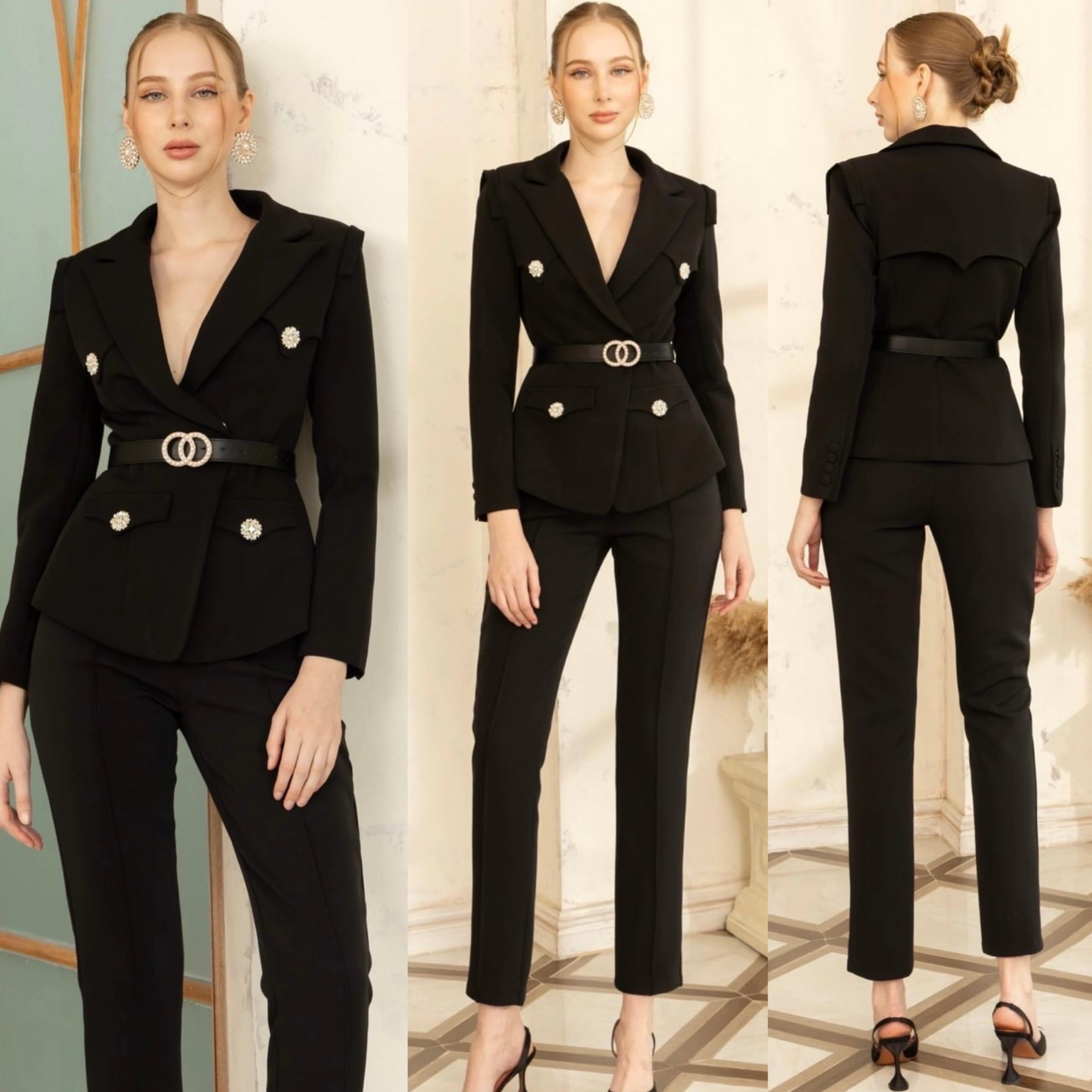 เซต BLAZER กระดุมเพชรเนื้อผ้าเกรดเอ ตัวBLAZER เป็นทรง เข้ารูปแต่งกระดุมแต่งเพชรสีเงิน มีเข็มขัดช่วย ให้ทรงเข้ารูป หัวเข็มขัดแต่งด้วยมุกดูหรูหรา สุดๆ มาคู่กับกางเกงเอวสูงทรงขากระบอกเล็ก ใส่สบาย : สินค้าคุณภาพ (พร้อมส่ง)