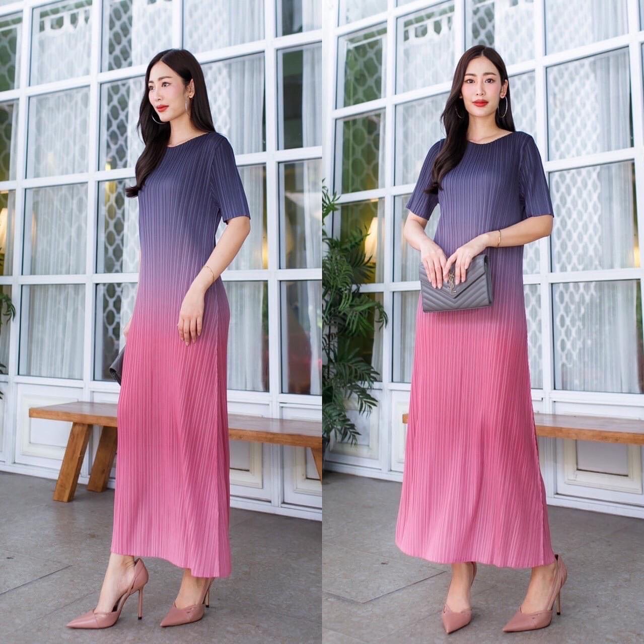 ชุดเดรส อัดพลีทแบบงานแบรนด์ ทรงคอกลม แขนสั้น แพตเทิร์นโค้งเคิร์ฟ เข้าเอว ให้ลุค สวย เรียบหรู . สินค้าคุณภาพ (พร้อมส่ง)