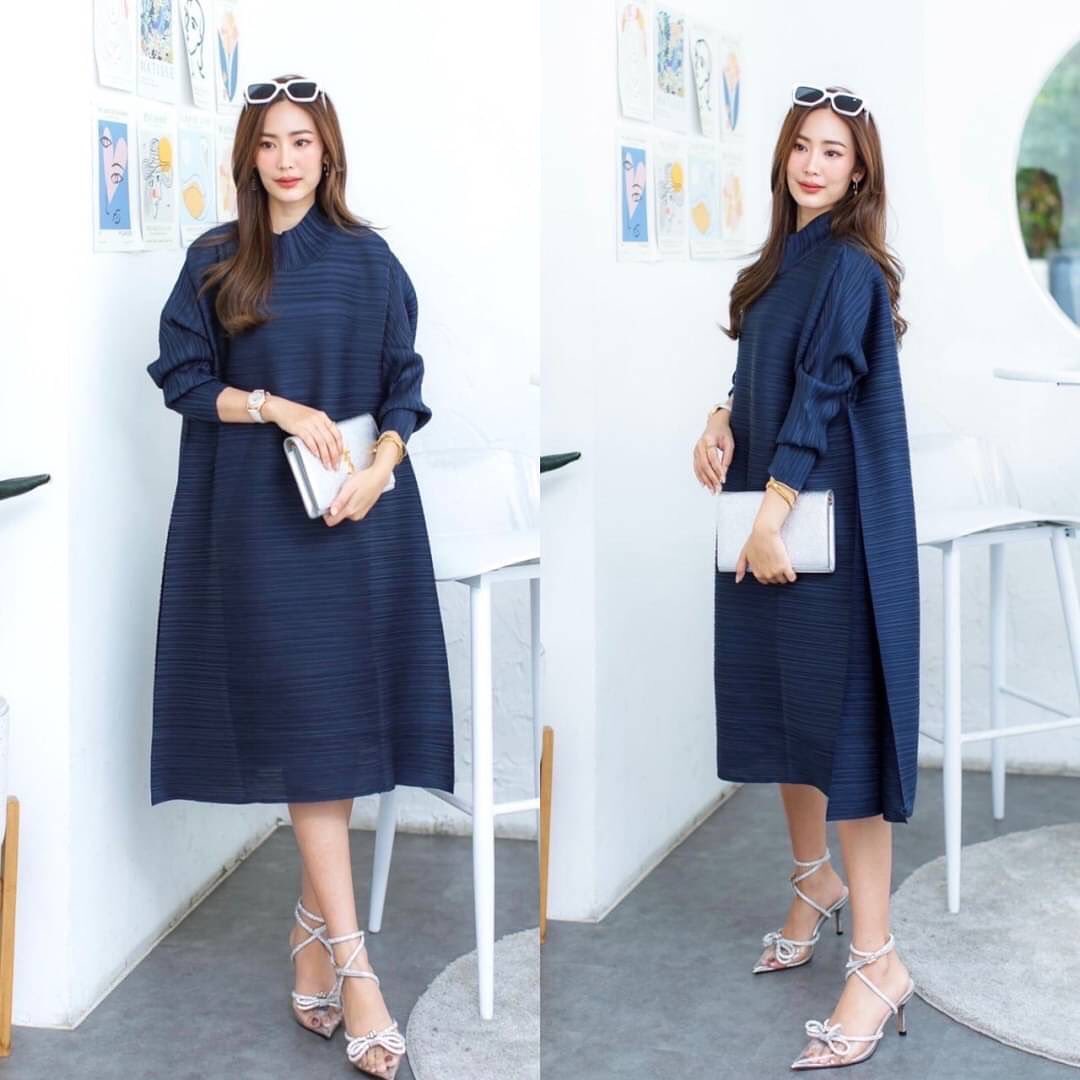 ชุดเดรส คอปีน แขนยาว แพตเทิร์นเฉลียง ตัดขอบผ่าด้านข้าง เรียบหรู ไฮโซววววว สินค้าคุณภาพ (พร้อมส่ง)