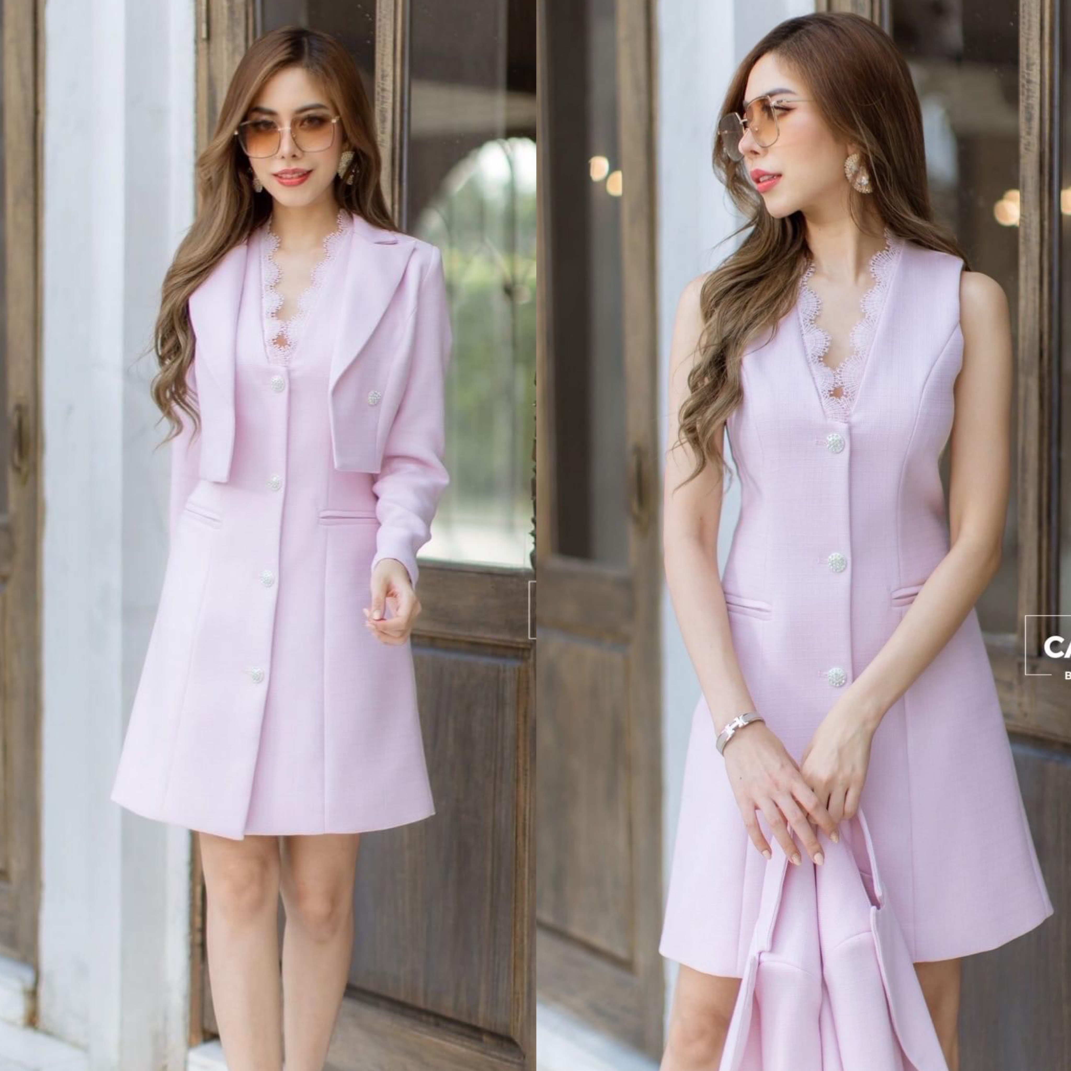 เซตเสื้อแจ็คเก็ต+เดรสคอวีแต่งลูกไม้ เนื้อผ้าทอเกรดเอ สินค้าคุณภาพ (พร้อมส่ง)