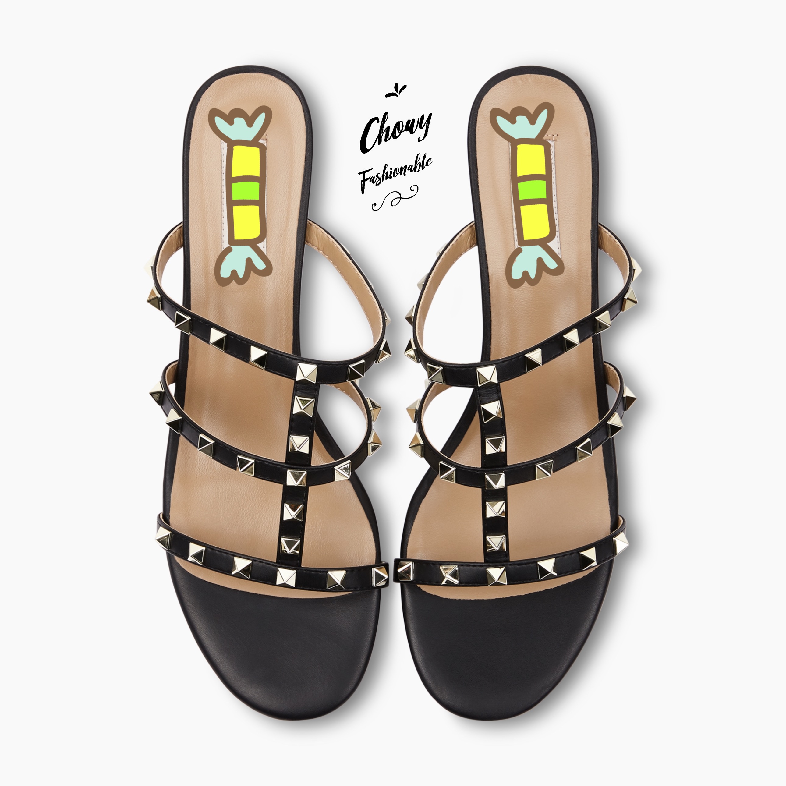 รองเท้าแตะส้นสูงไซส์ใหญ่ 43 44 45 ติดหมุด สไตล์วาเลนติโน่ หนังแท้ สีดำ Rivert Style KR1198