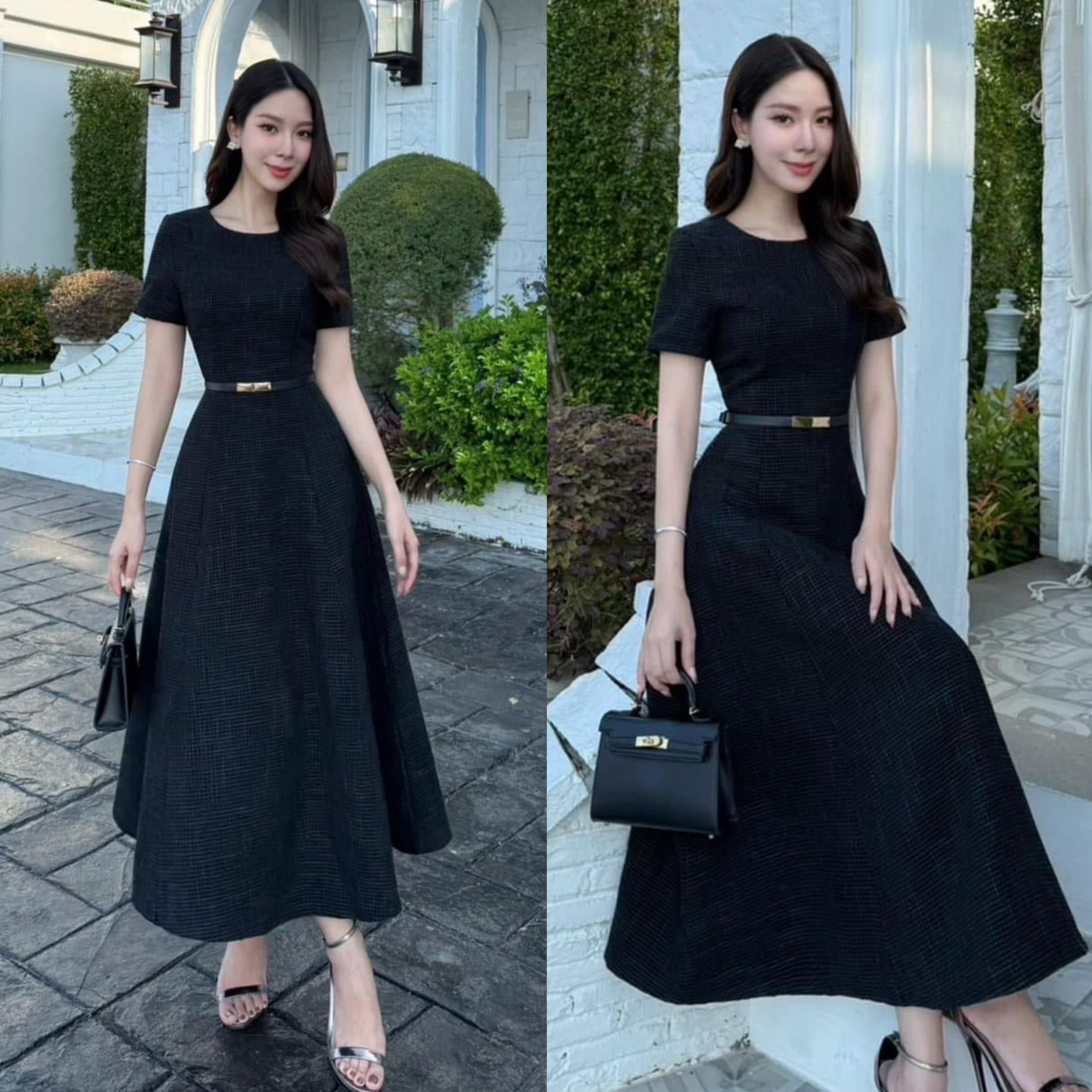 มิดิเดรสผ้าทวีดดีไซน์สุดคลาสสิค มาพร้อมเข็มขัดเข้าเซต ใส่สบาย : สินค้าคุณภาพ (พร้อมส่ง)