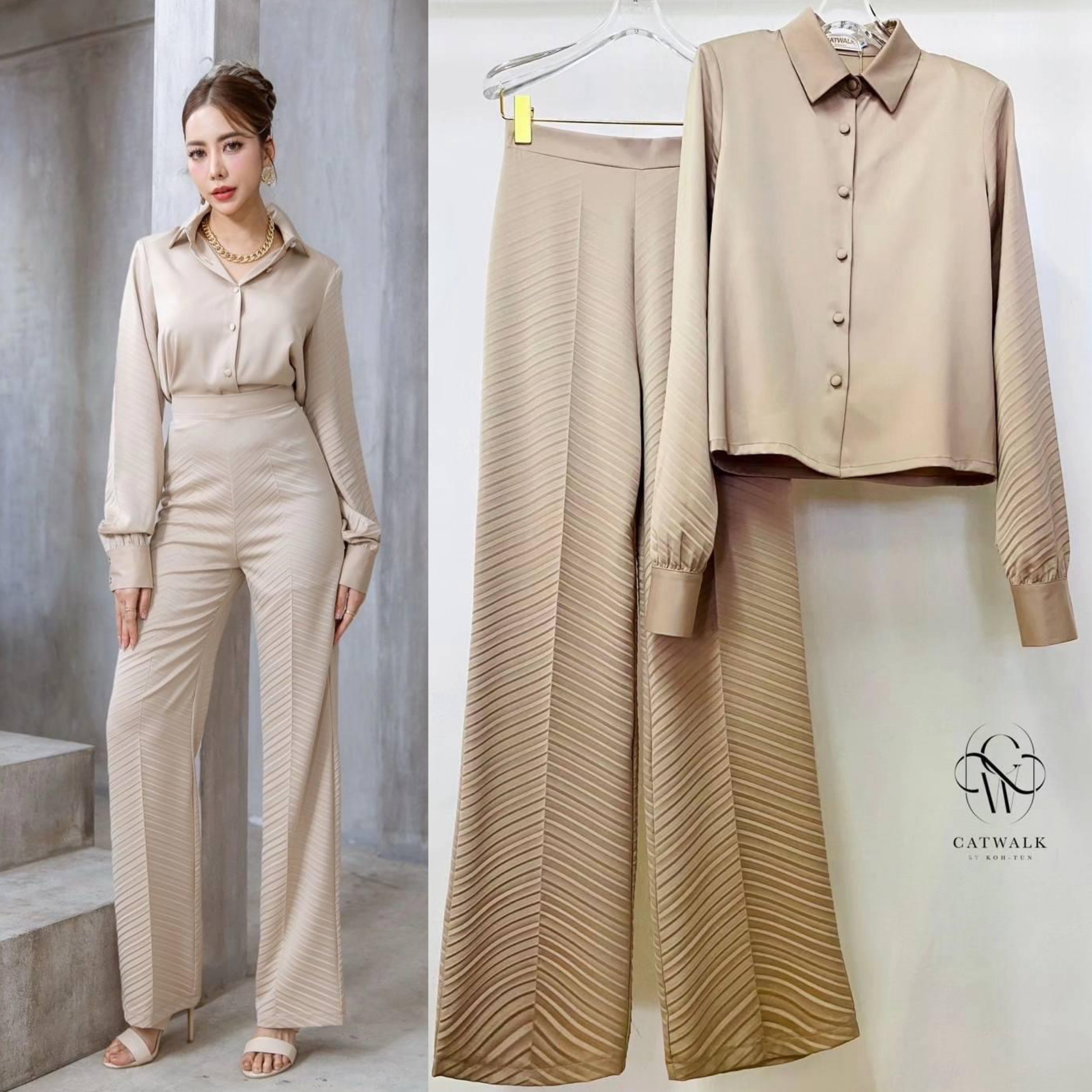 เซตเสื้อเชิ้ตผ้าเครปอัดพลีท+กางเกงทรงสวย เนื้อผ้าเครปกึ่งเงาเกรดเอ ใส่สบาย สินค้าคุณภาพ (พร้อมส่ง)