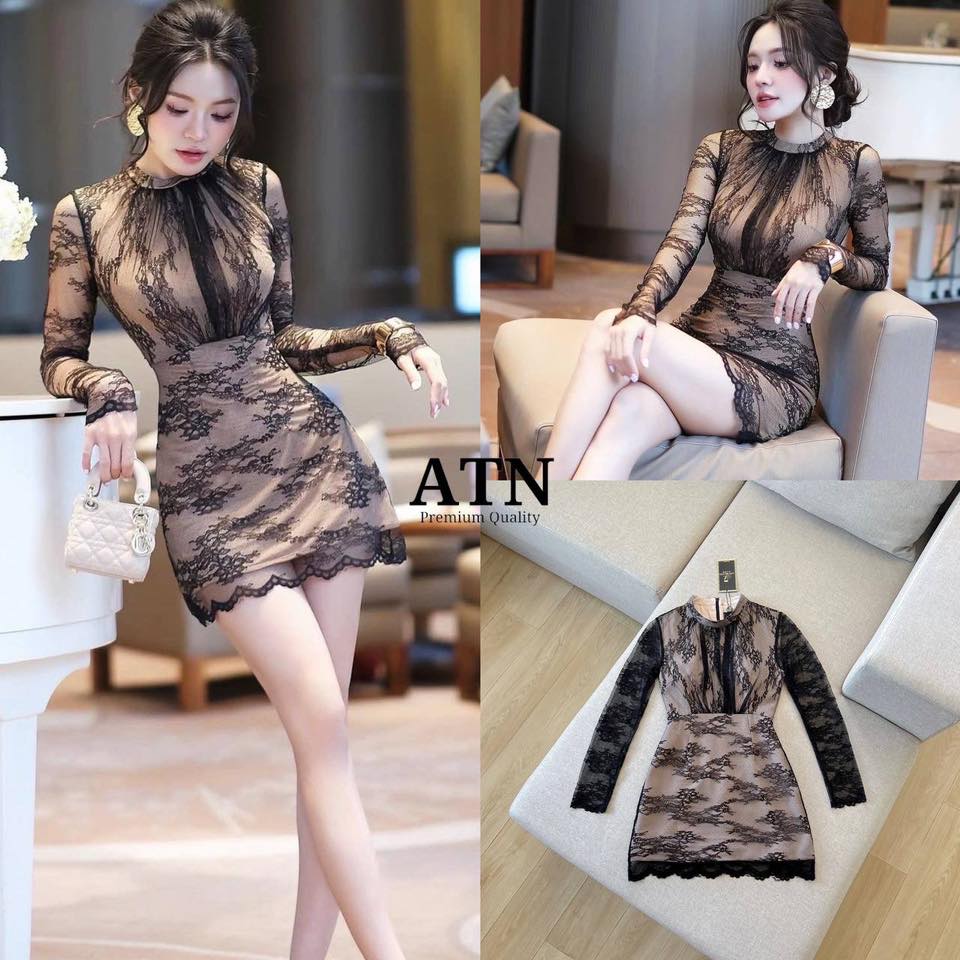 มินิเดรสแขนยาวผ้าลูกไม้เกรดพรีเมี่ยม หน้าอกเสริมฟองน้ำ ซิปหลัง ซับในอย่างดี ใส่สบาย : สินค้าคุณภาพ (พร้อมส่ง)