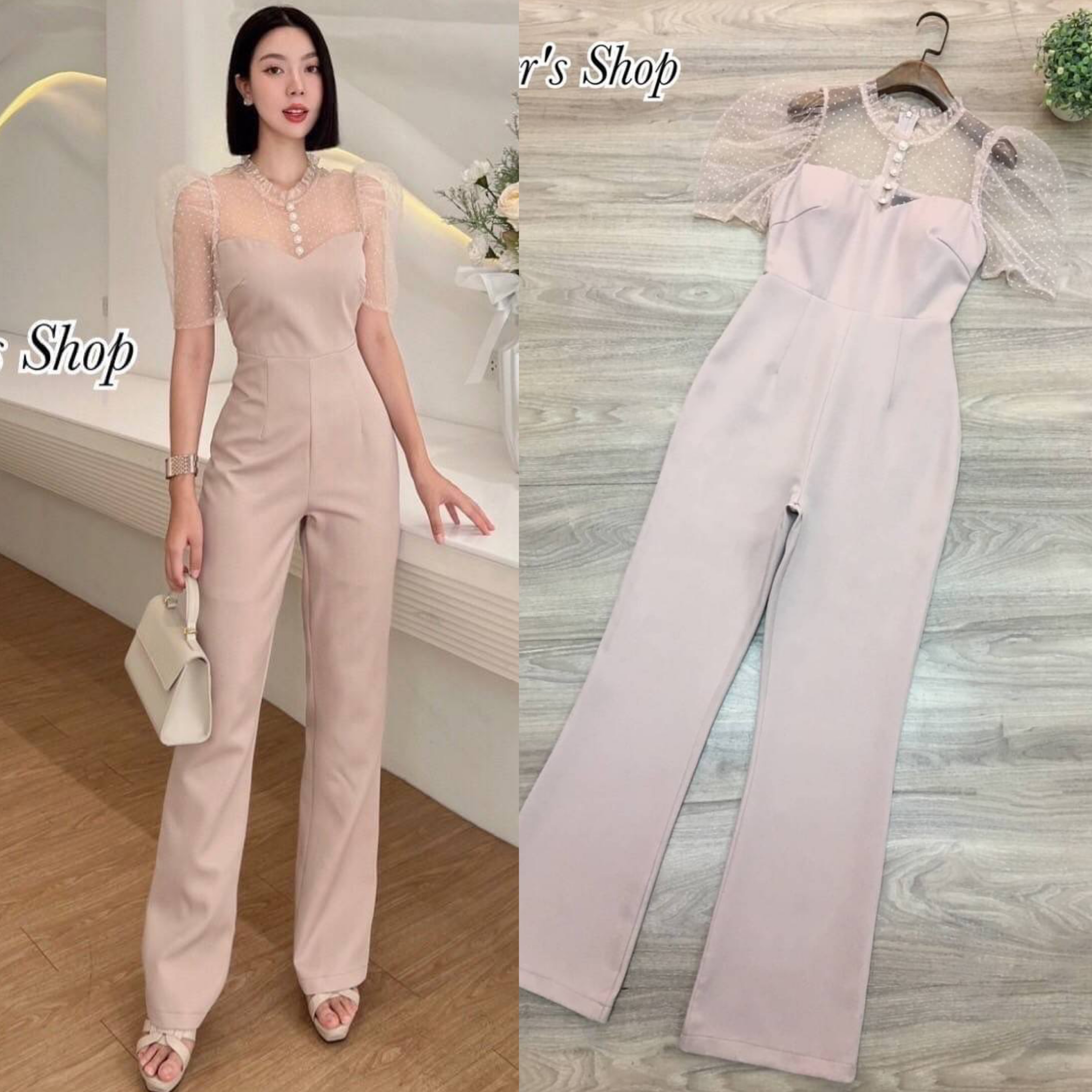 จั้มสูทแขนตุ๊กตา แอบเซ็กซี่เล็กๆ ดีเทลช่วงบนใช้ผ้ามุ้งลายจุด แต่งกระดุมมุข ทรงสวย มีซับในอย่างดี สินค้าคุณภาพ (พร้อมส่ง)