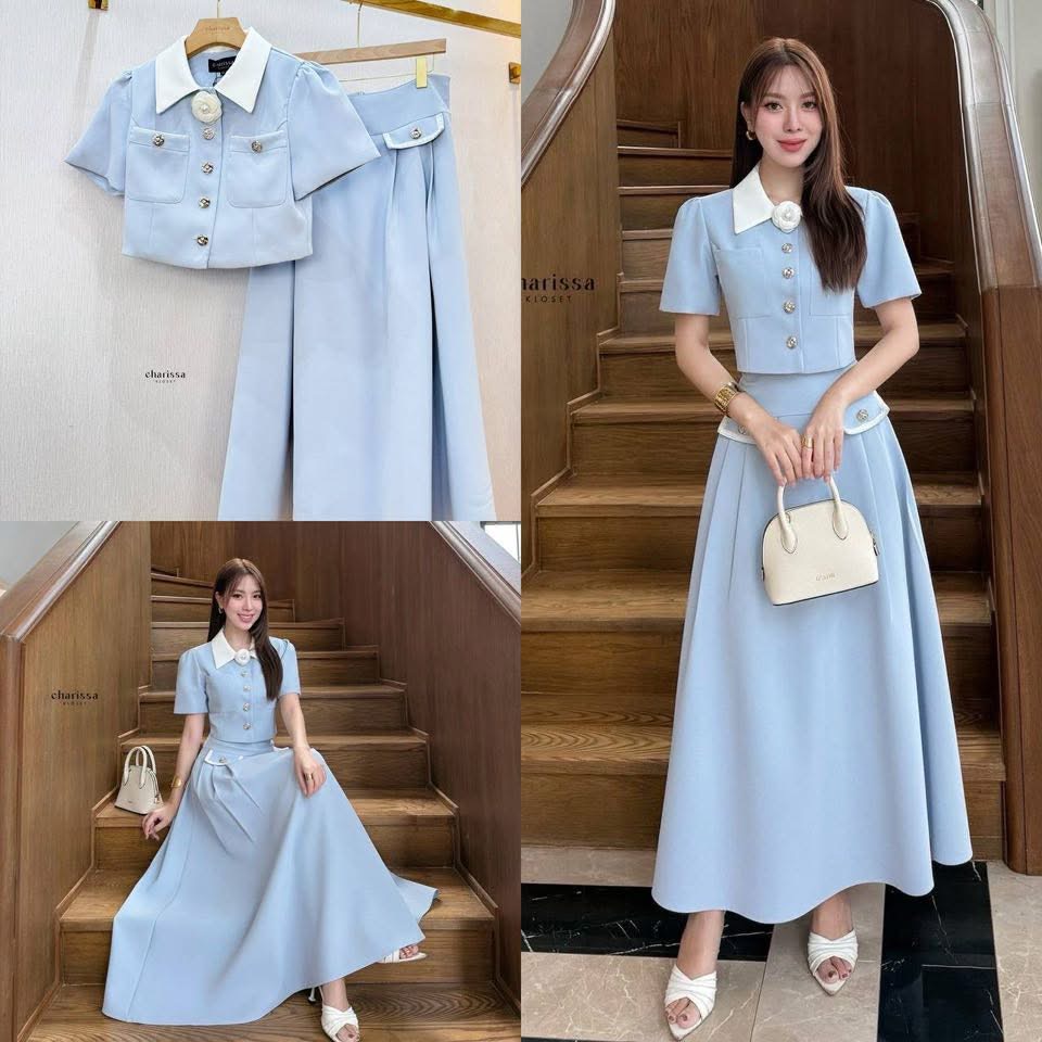 เซ็ทเสื้อกระโปรงยาว ผ้าพรีเมี่ยมแถมฟรีเข็มกลัดดอกไม้ ใส่สบาย : สินค้าคุณภาพ (พร้อมส่ง)